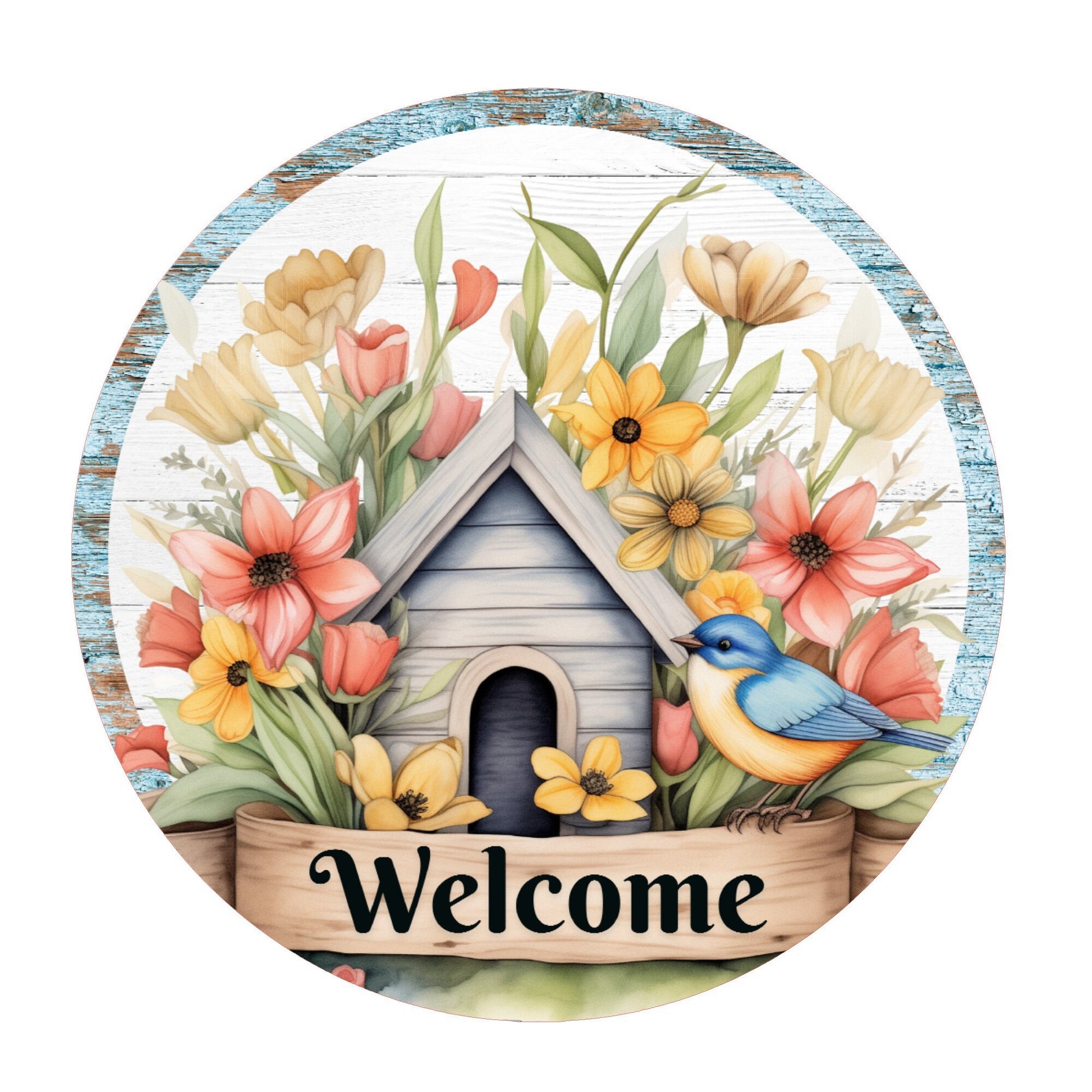 Floral welcome wreath sign, metal wreath sign, round wreath sign, door decor, Lindys sign creations