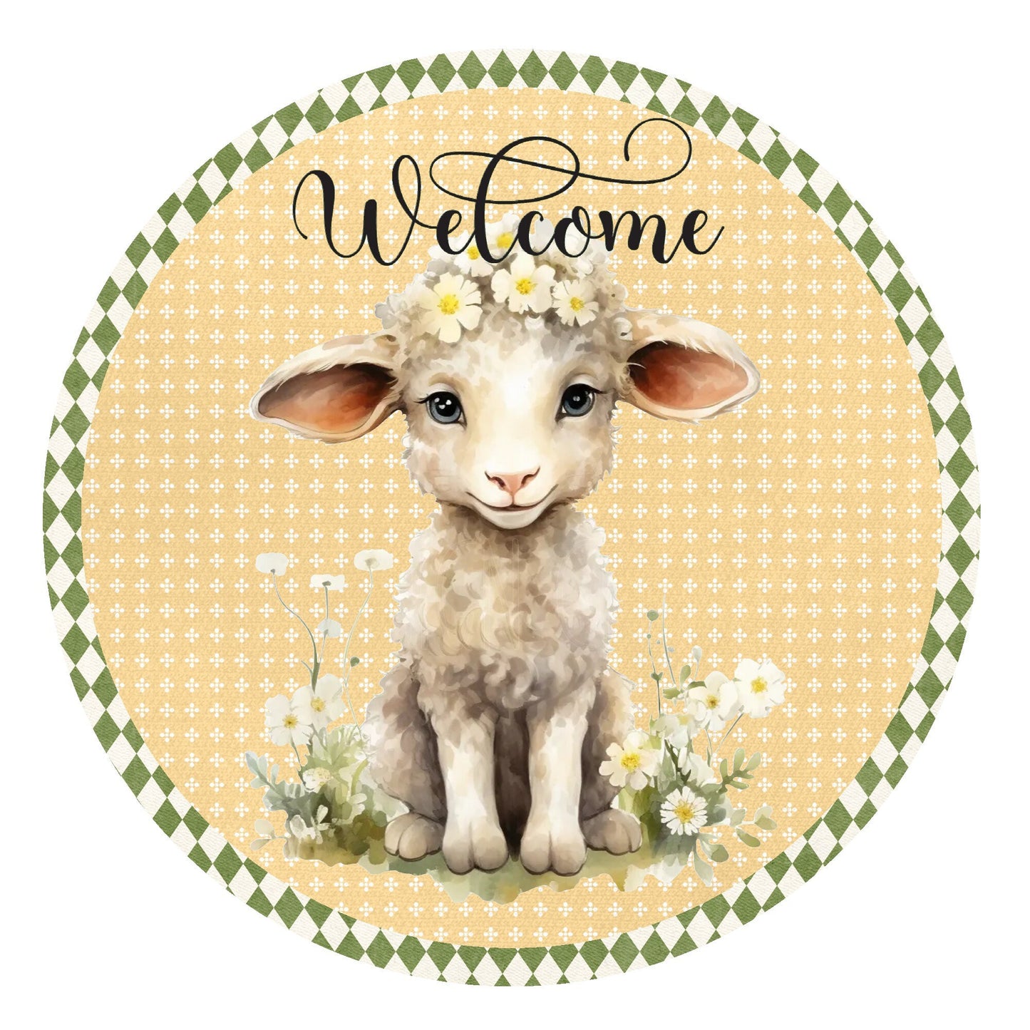 Welcome lamb wreath sign, metal wreath sign, round wreath sign, door decor, Lindys sign creations