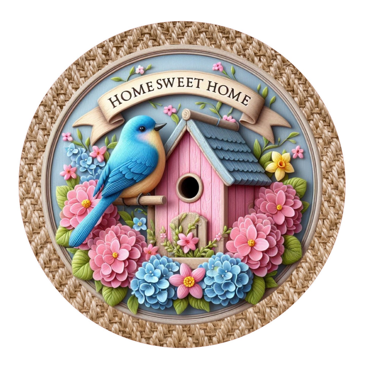 Blue bird house home sweet home wreath sign, metal wreath sign, round wreath sign, door decor, Lindys sign creations