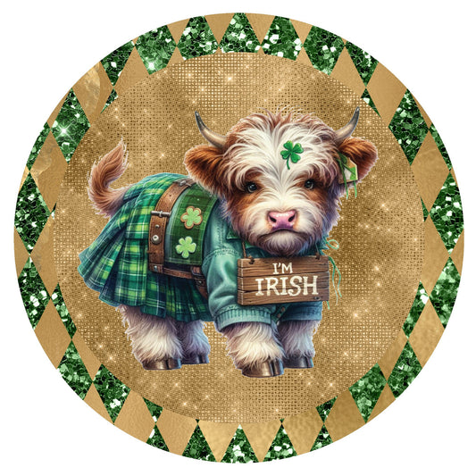 Highland cow I'm Irish wreath sign, St. Patty day sign, metal wreath sign, round wreath sign, door decor, Lindys sign creations