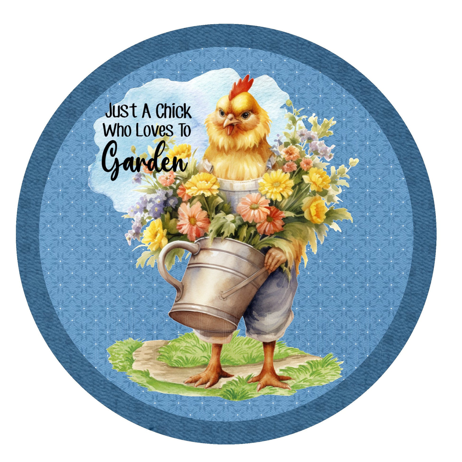 Garden chick wreath sign, metal wreath sign, round wreath sign, door decor, Lindys sign creations