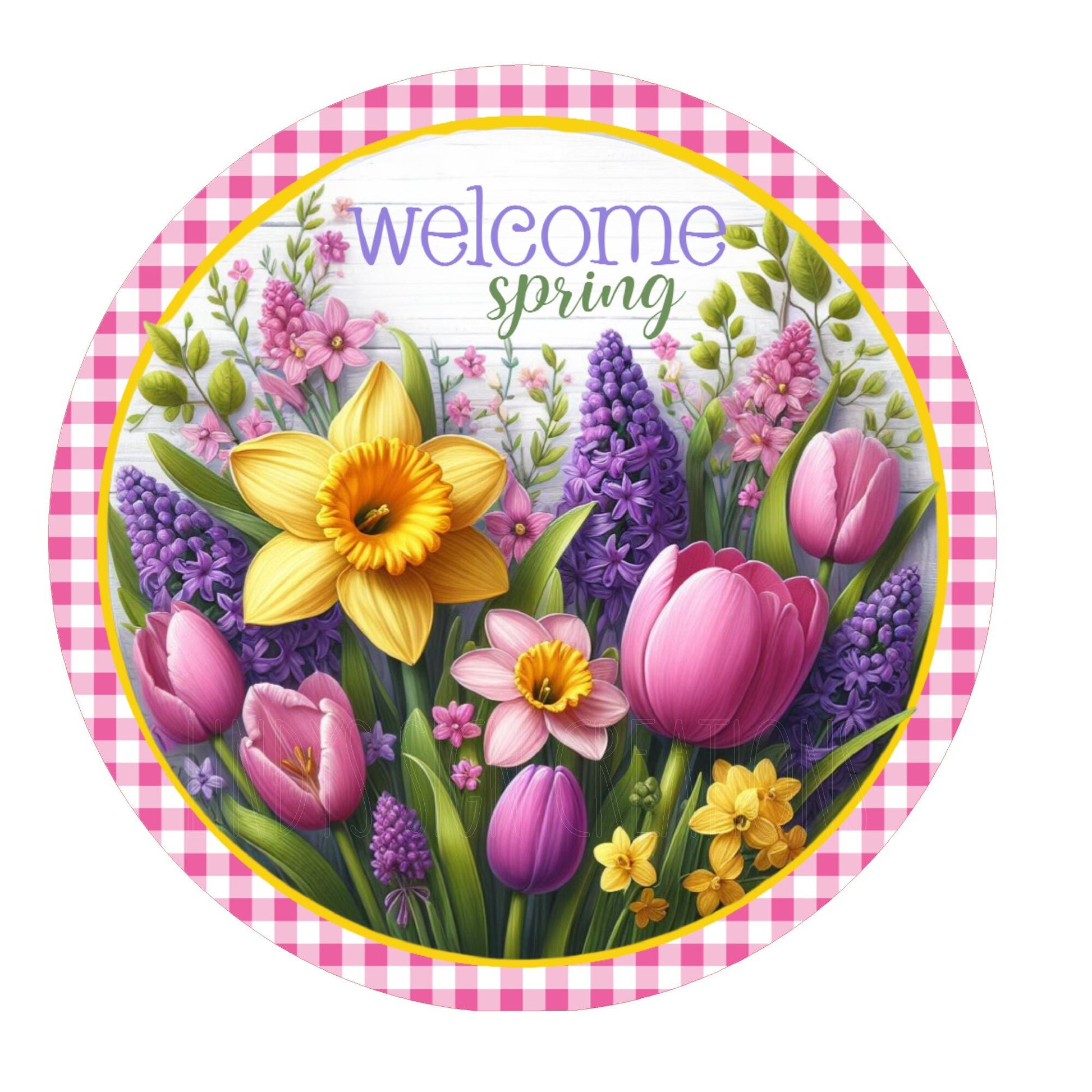 Welcome spring floral wreath sign, metal wreath sign, round wreath sign, door decor, Lindys sign creations