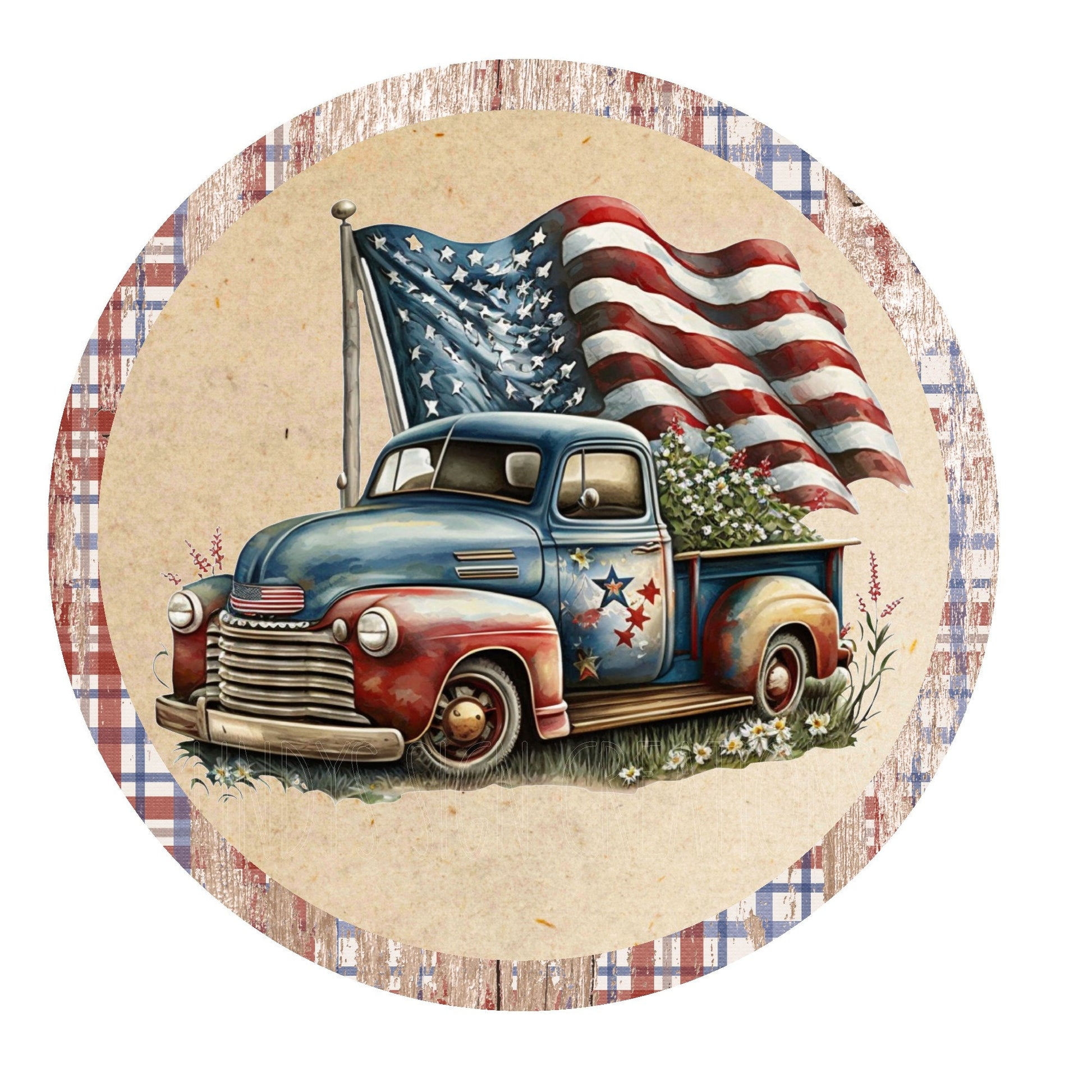 Patriotic American truck with flag wreath sign, metal wreath sign, round wreath sign, door decor, Lindys sign creations