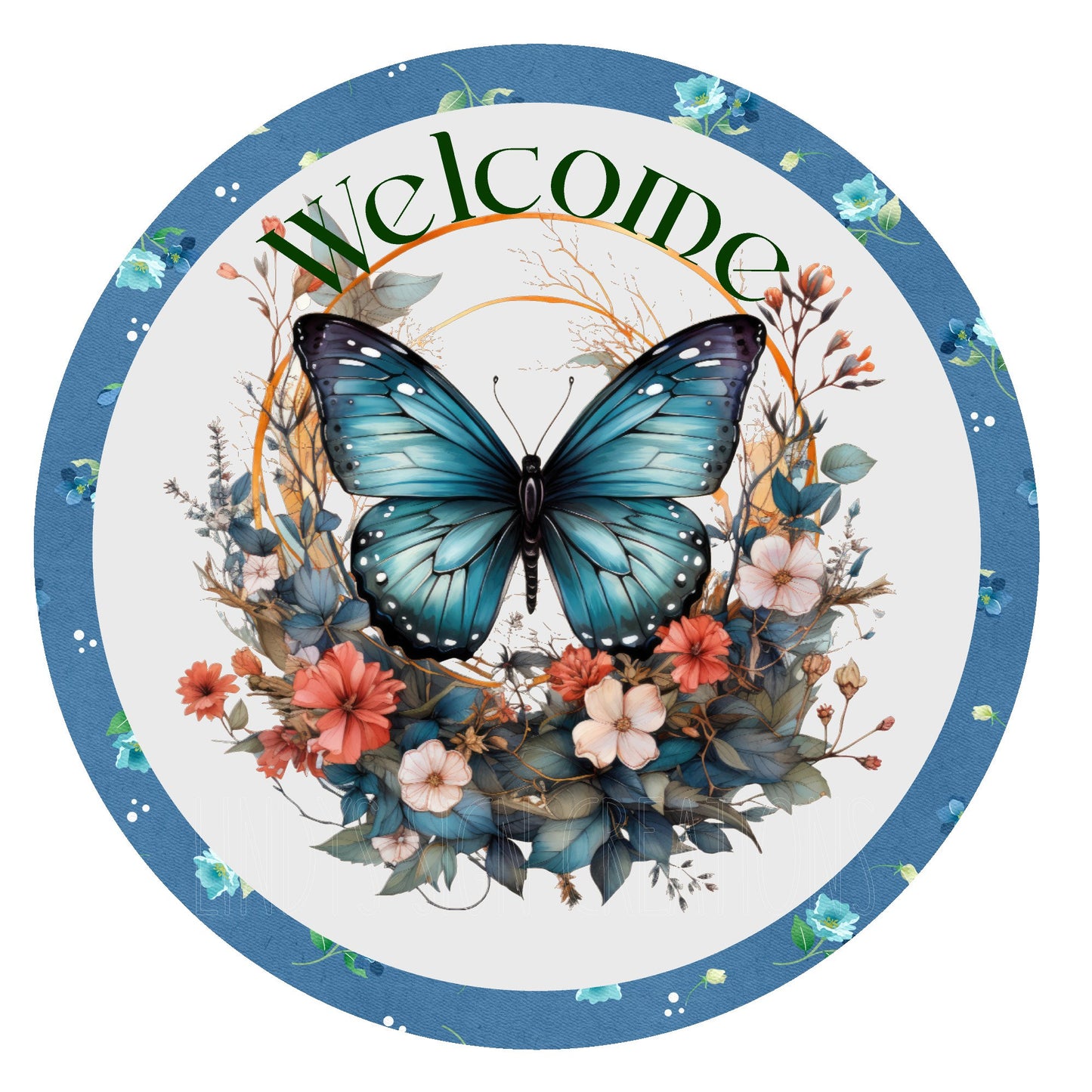 Blue butterfly welcome wreath sign, metal wreath sign, round wreath sign, door decor, Lindys sign creations