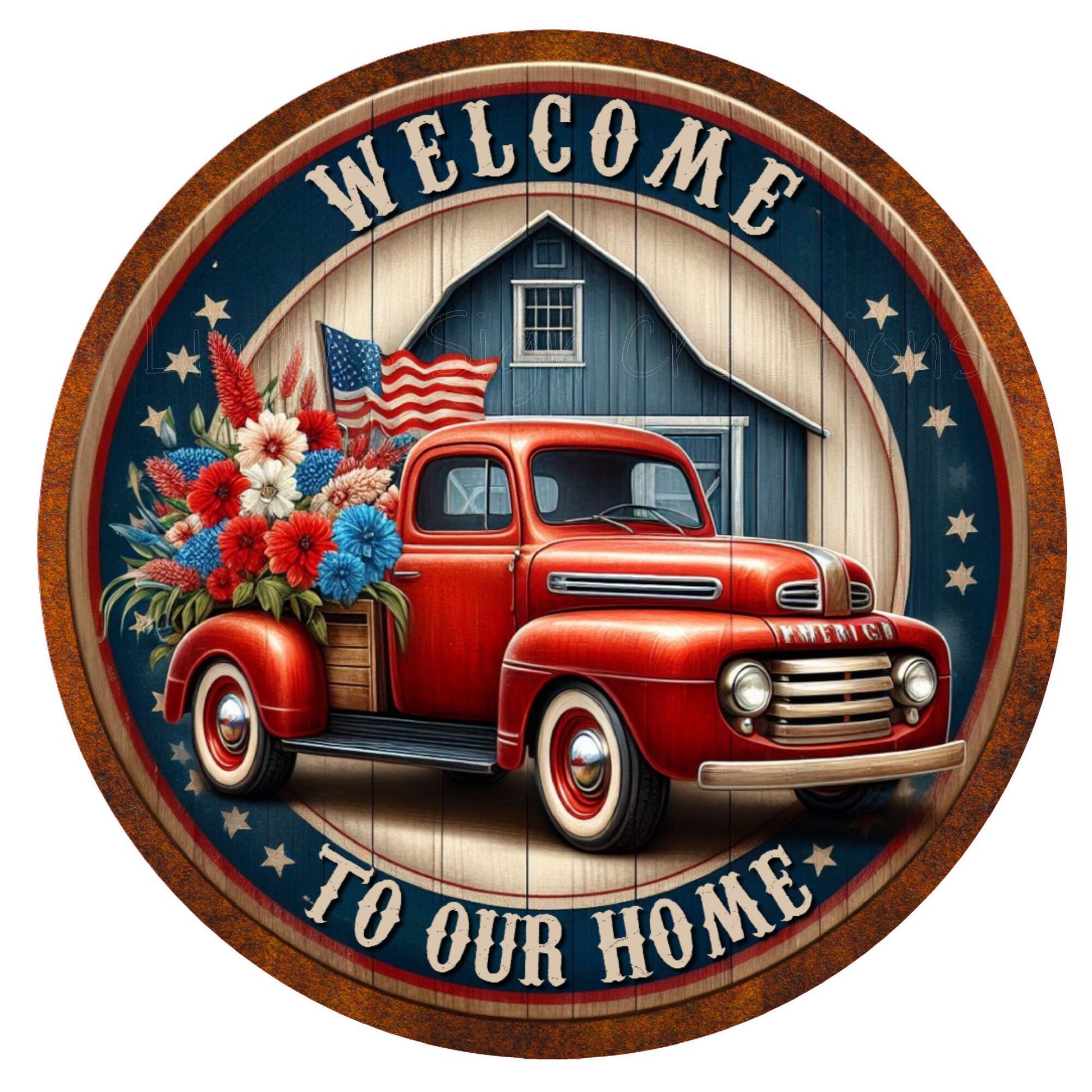 Patriotic red truck welcome to our home wreath sign, metal wreath sign, round wreath sign, Lindys sign creations