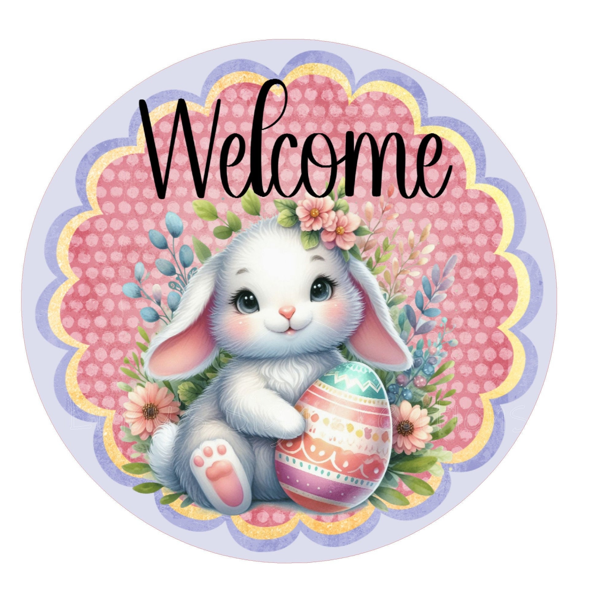 Cute bunny with egg Easter welcome wreath sign, metal wreath sign, round wreath sign, door decor, Lindys sign creations