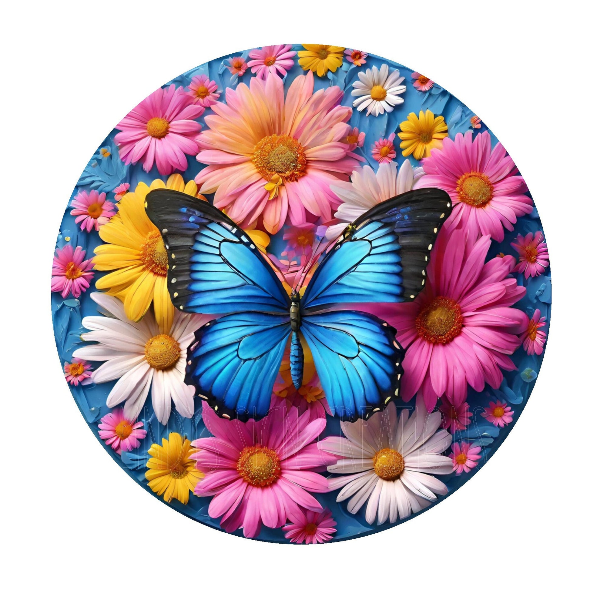 Blue butterfly with colorful daisies wreath sign, metal wreath sign, round wreath sign, door decor, Lindys sign creations