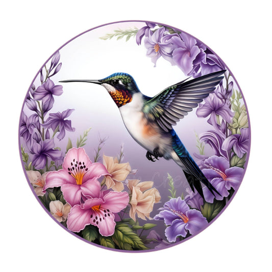 Hummingbird with purple flowers wreath sign, metal wreath sign, round wreath sign, door decor, Lindys sign creations