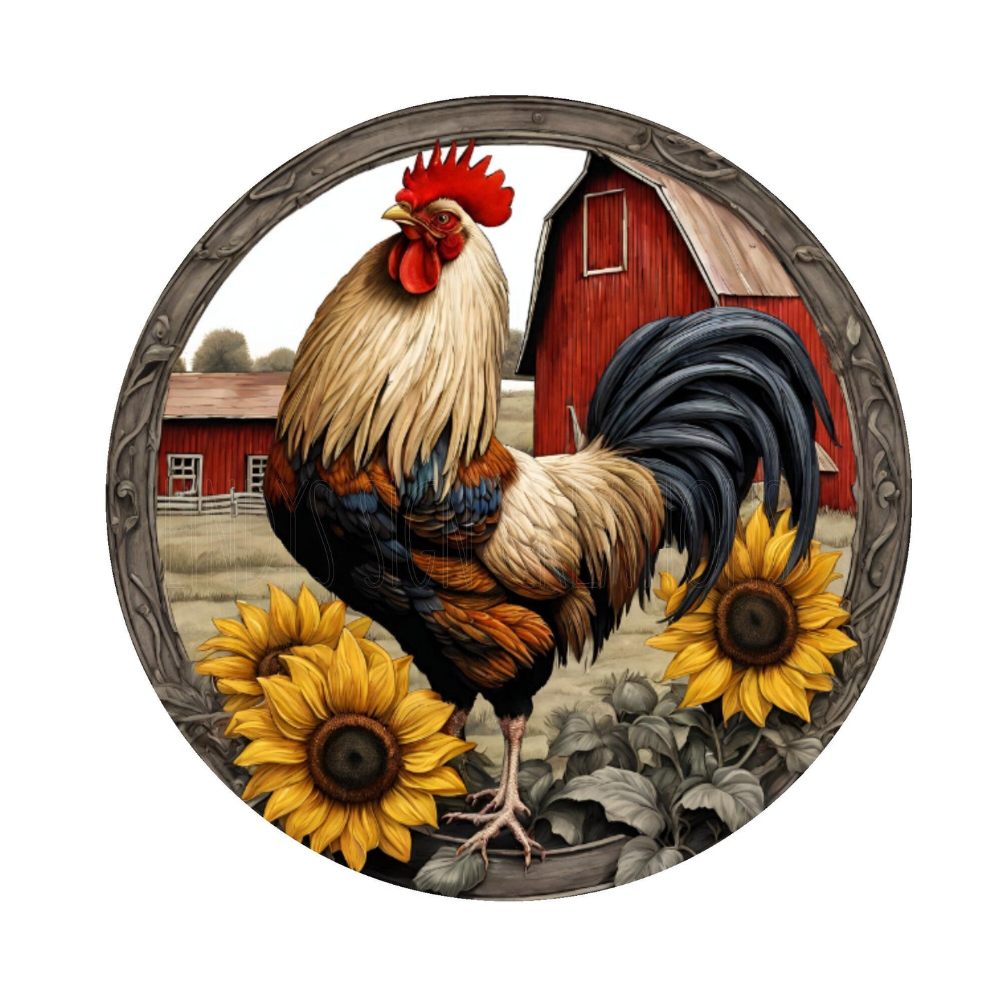 Rooster, sunflower and barn wreath sign, metal wreath sign, round wreath sign, Lindys sign creations