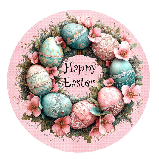 Happy Easter wreath sign, egg wreath sign, metal wreath sign, round wreath sign, door decor, Lindys sign creations