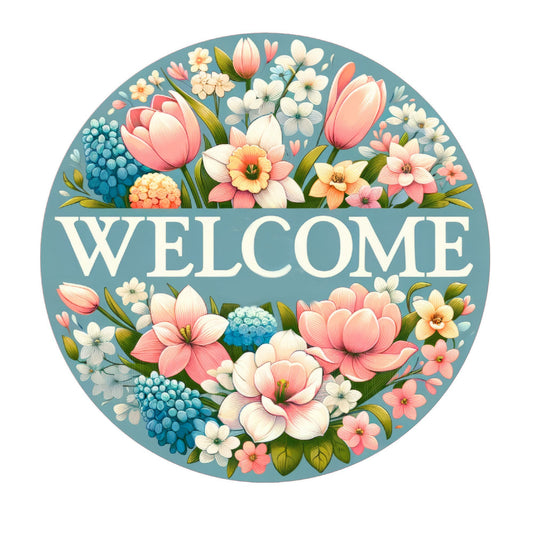 Floral welcome wreath sign, metal wreath sign, round wreath sign, door decor, Lindys sign creations