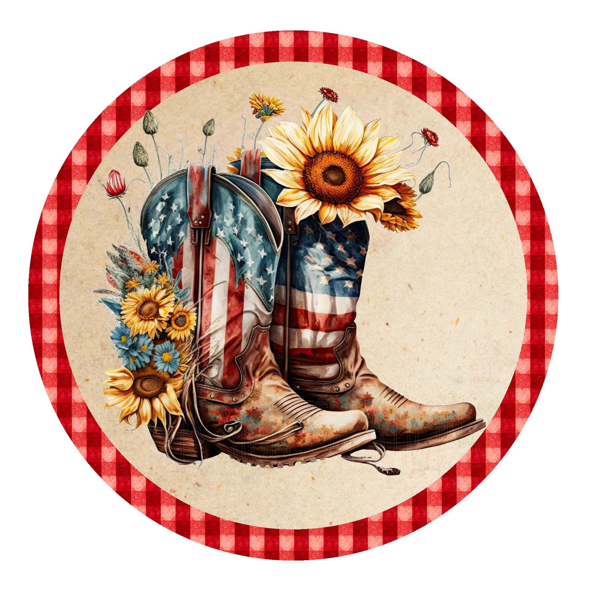 Patriotic boots and sunflower wreath sign, metal wreath sign, round wreath sign, door decor, Lindys sign creations