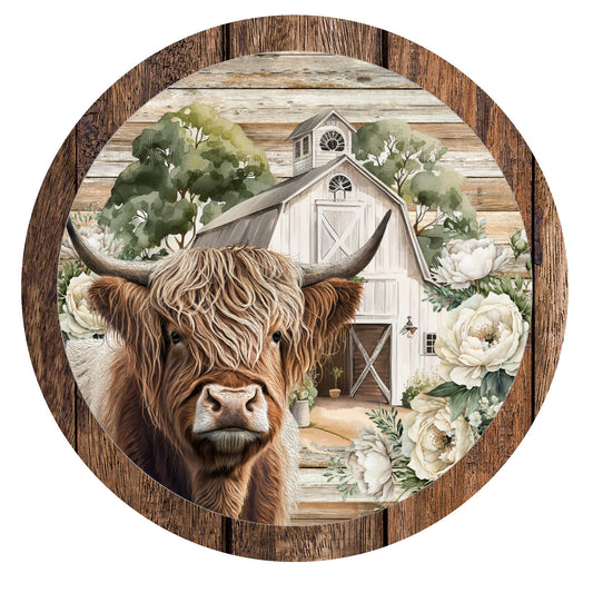 Highland cow and barn wreath sign, metal wreath sign, round wreath sign, door decor, Lindys sign creations