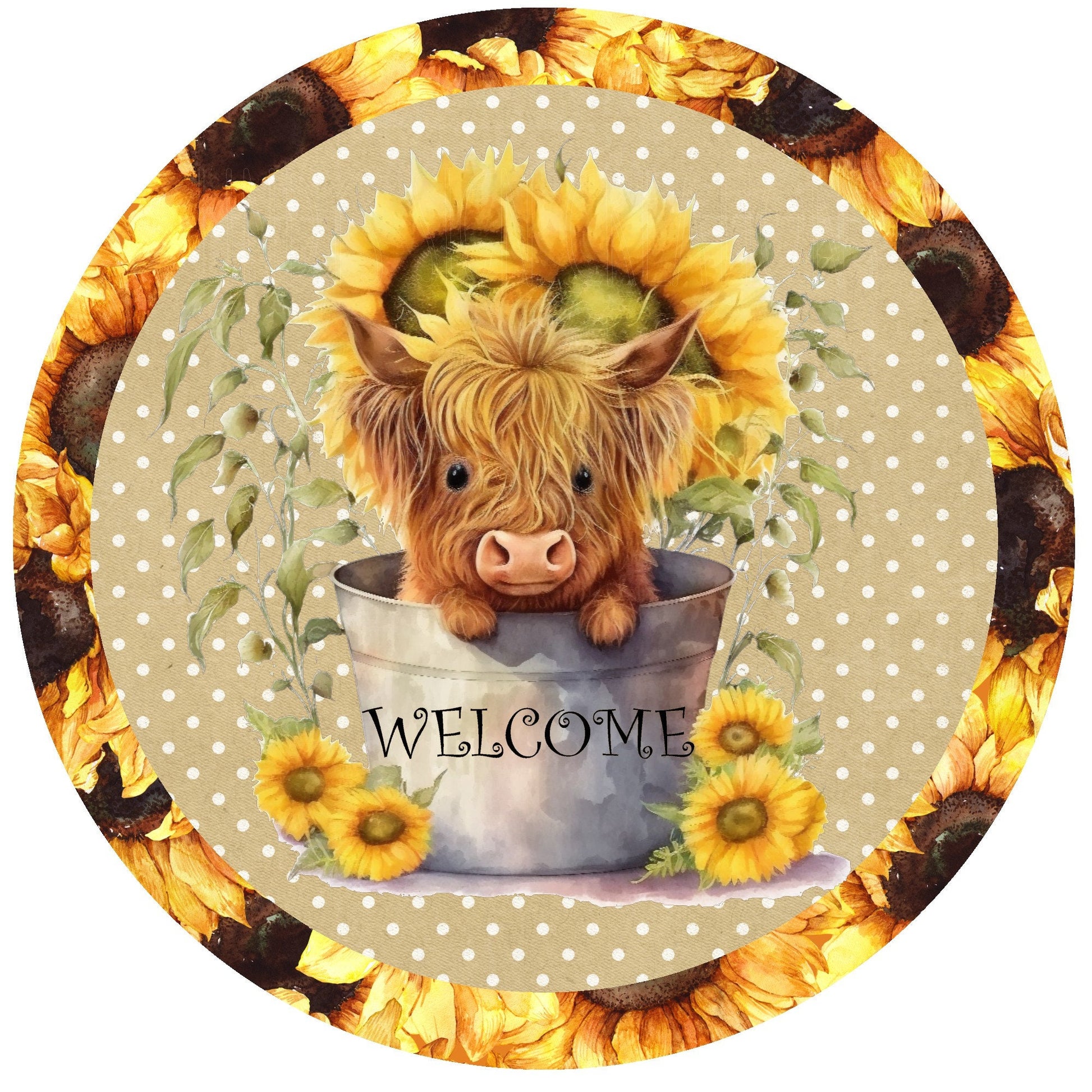 Baby highland cow with sunflowers welcome wreath sign, wreath attachment, front door decor, round wreath sign, Lindys sign creations