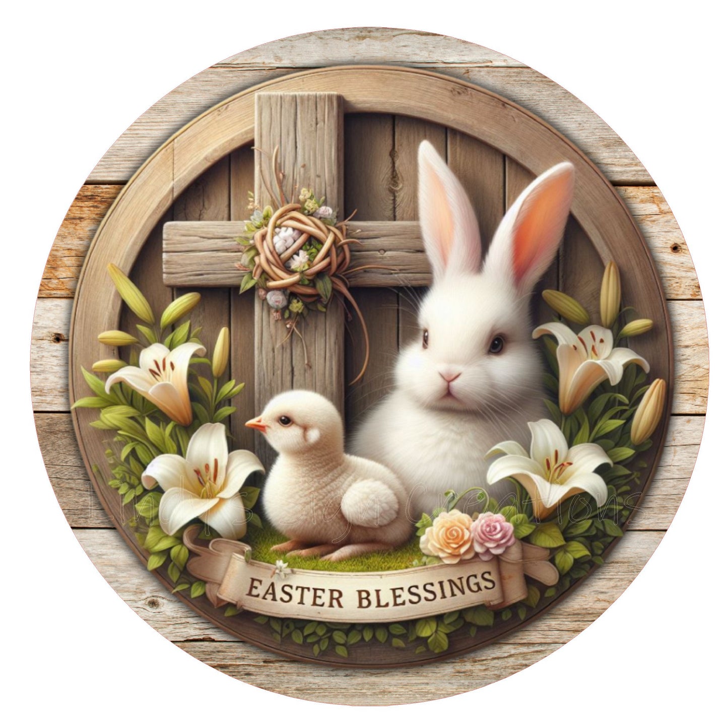 Bunny and cross Easter blessings wreath sign, round wreath sign, metal wreath sign, home decor, Lindys sign creations