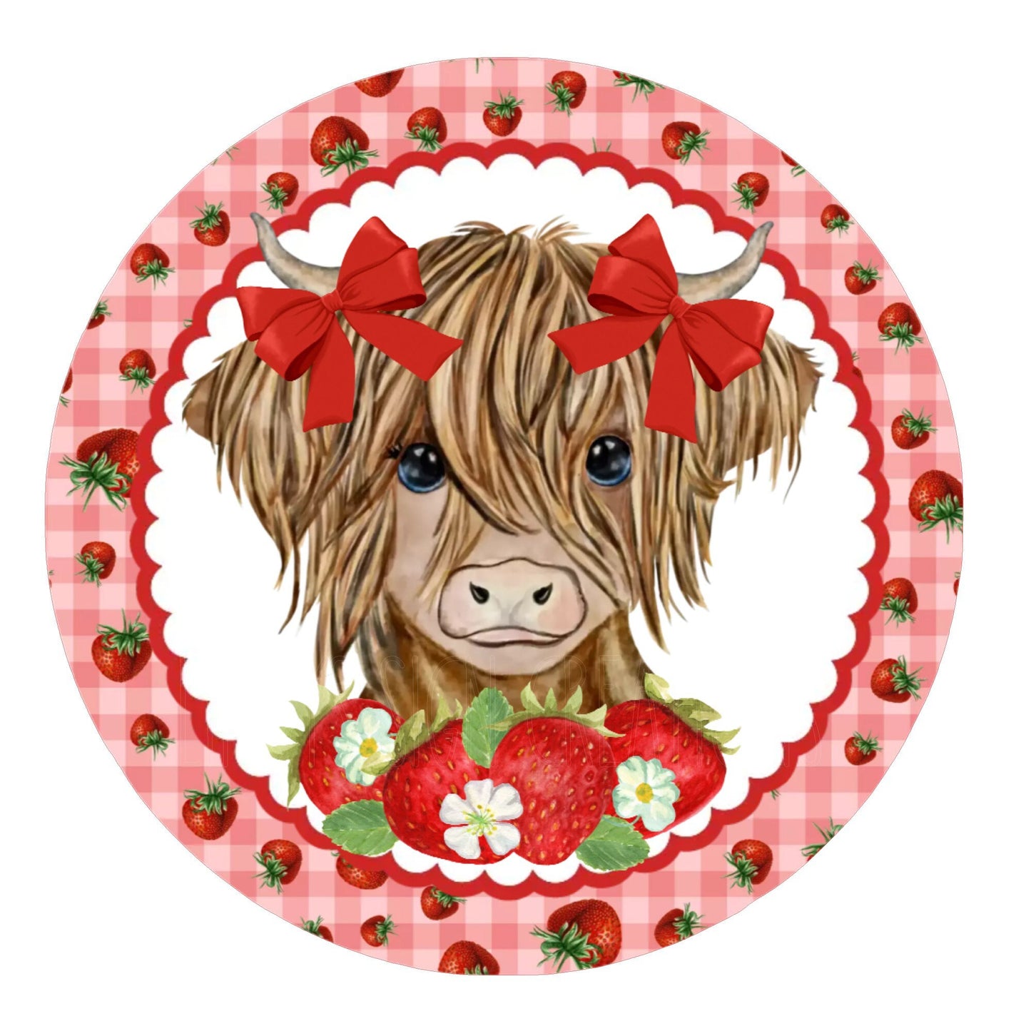 Highland cow strawberry wreath sign, metal wreath sign, door decor, summer wreath sign, round wreath sign, Lindys sign creations