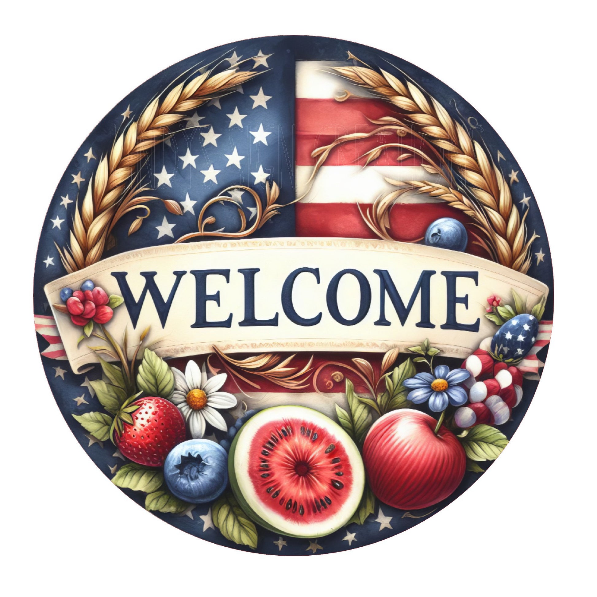 Patriotic welcome wreath sign, summer wreath sign, round wreath sign, door decor, July 4 decor, Lindys sign creations