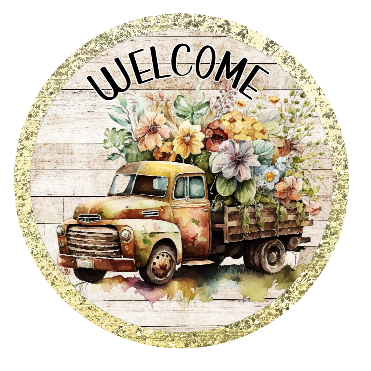 Vintage truck floral welcome wreath sign, metal wreath sign, round wreath sign, door decor, Lindys sign creations