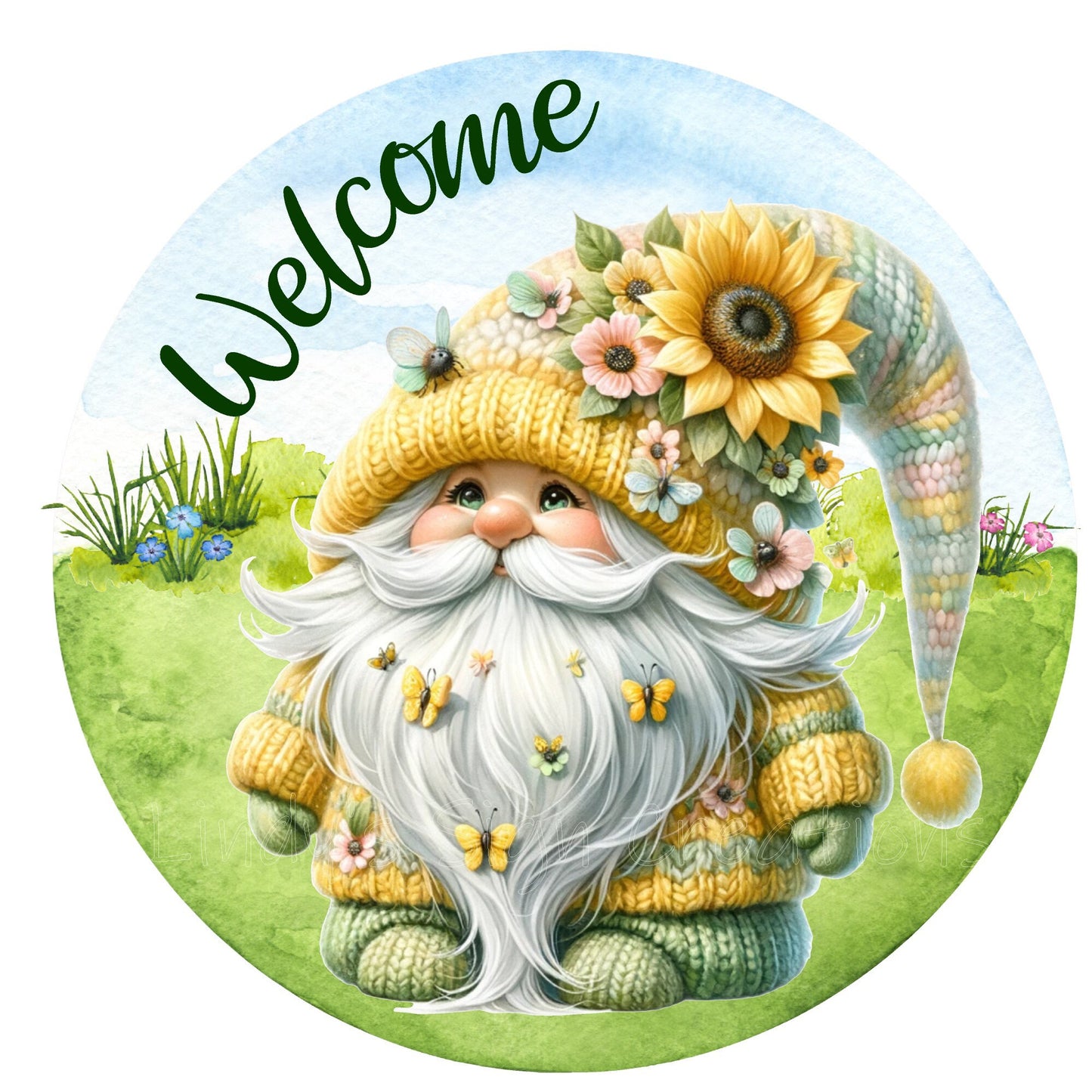 Welcome gnome wreath sign, metal wreath sign, round wreath sign, door decor, Lindys sign creations