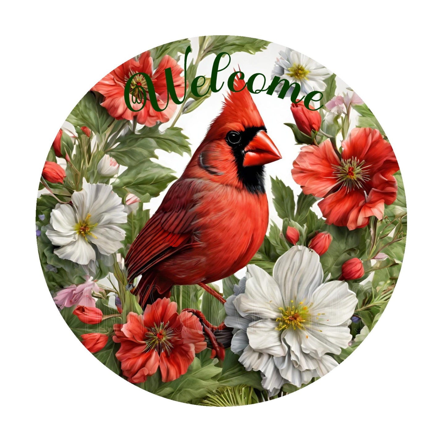 Cardinal with florals welcome wreath sign, metal wreath sign, round wreath sign, door decor, Lindys sign creations