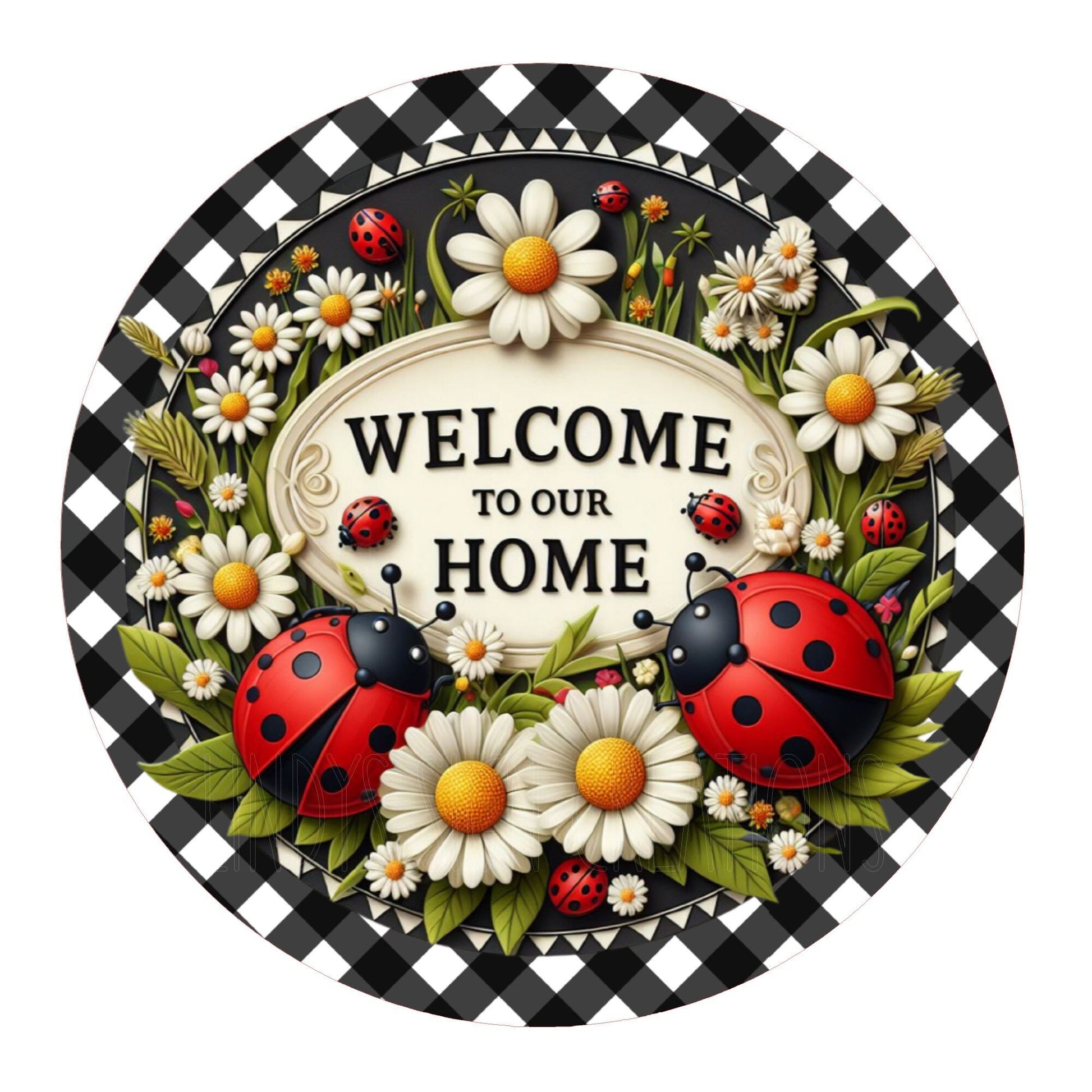 Ladybug welcome to our home wreath sign, metal wreath sign, round wreath sign, door decor, Lindys sign creations