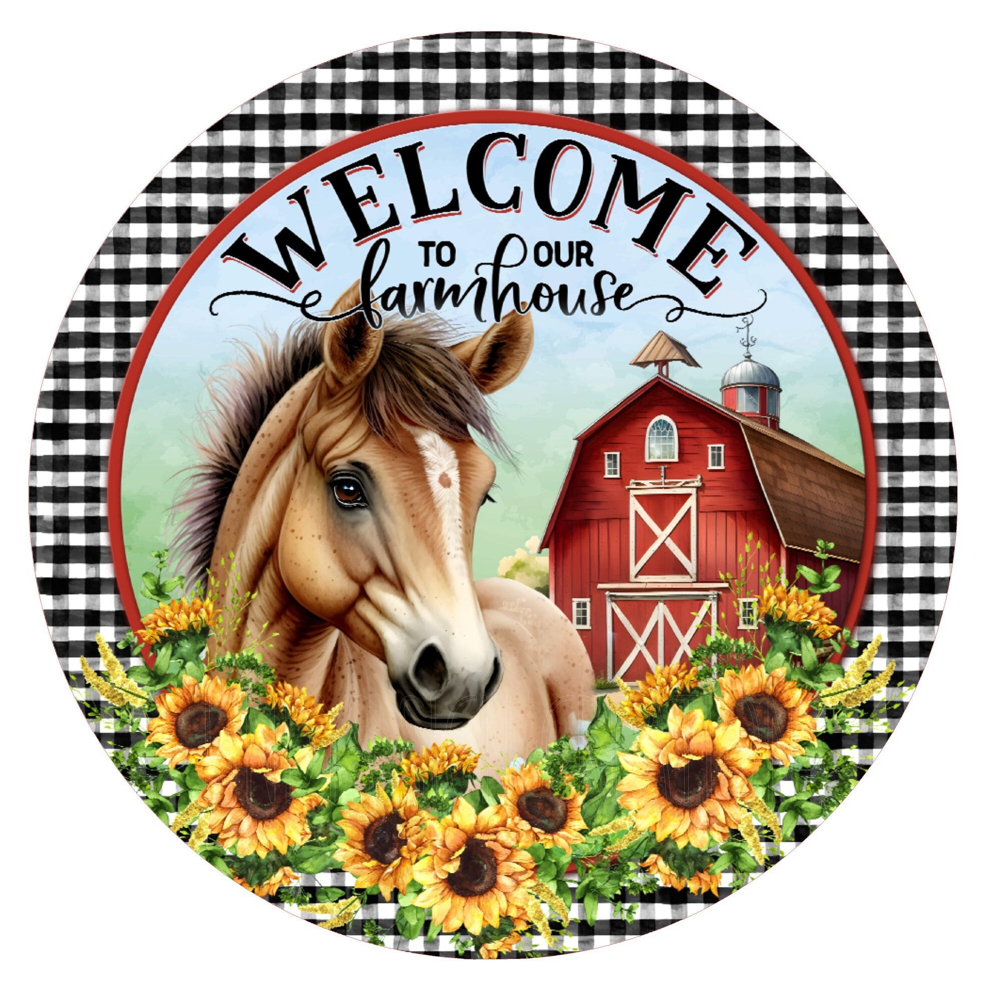 Horse and barn welcome to our farmhouse wreath sign, metal wreath sign, round wreath sign, door decor, Lindys sign creations