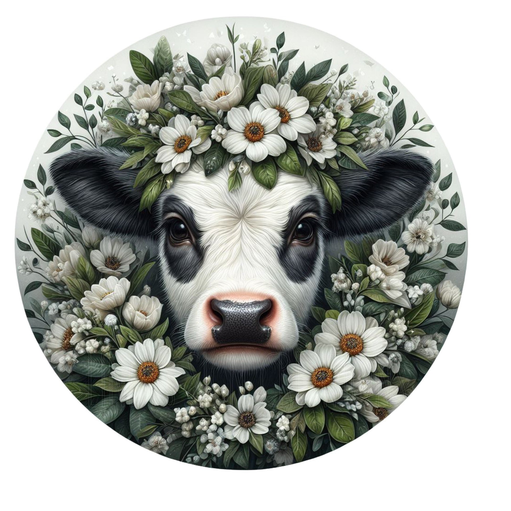 Cow wreath sign, metal wreath sign, Holstein cow decor, farmhouse sign, cow with daisies and greens sign, Lindys sign creations