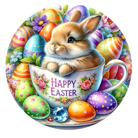 Teacup bunny happy Easter wreath sign, metal wreath sign, round wreath sign, door decor, Lindys sign creations