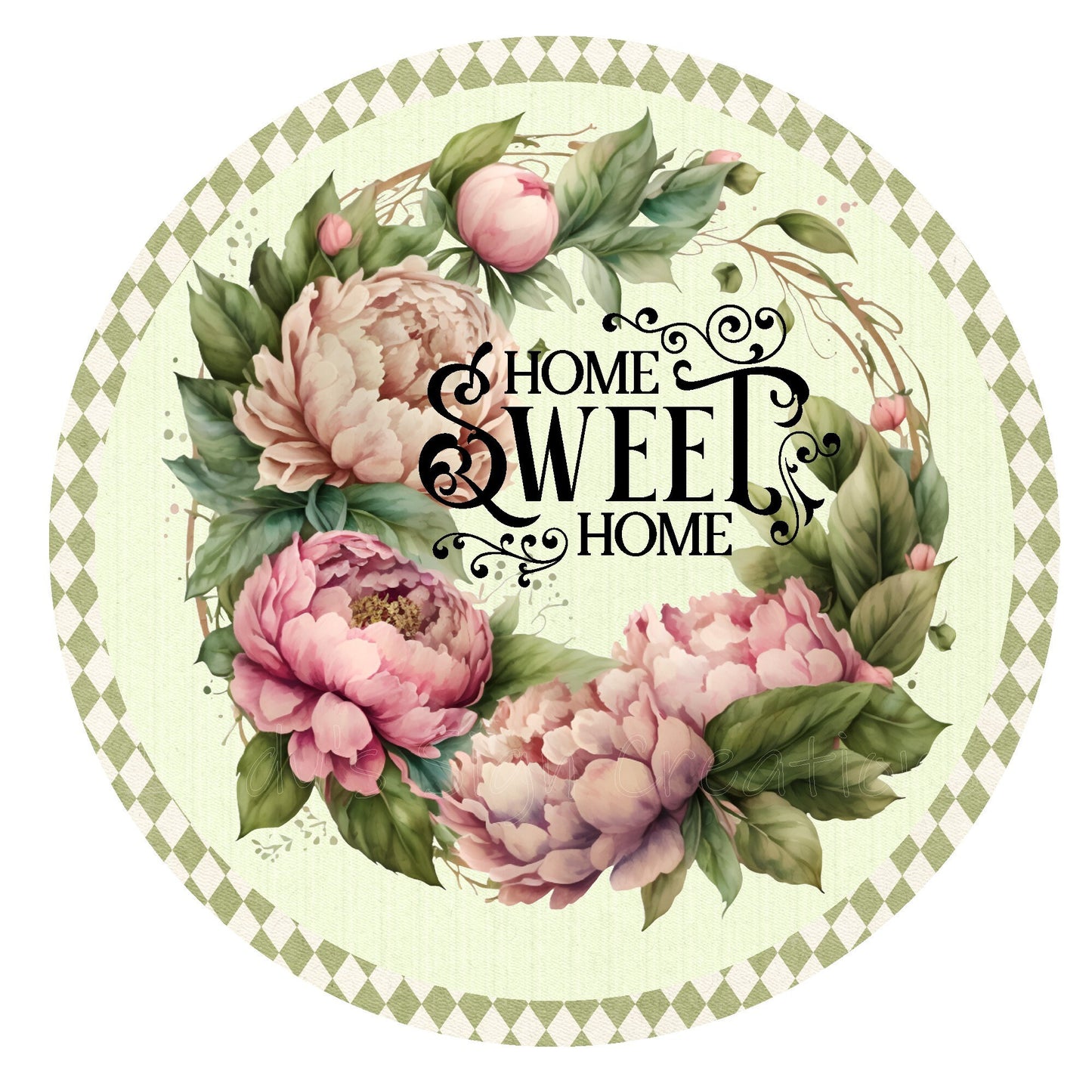 Pink peony home sweet home wreath sign, metal wreath sign, round wreath sign, Lindys sign creations