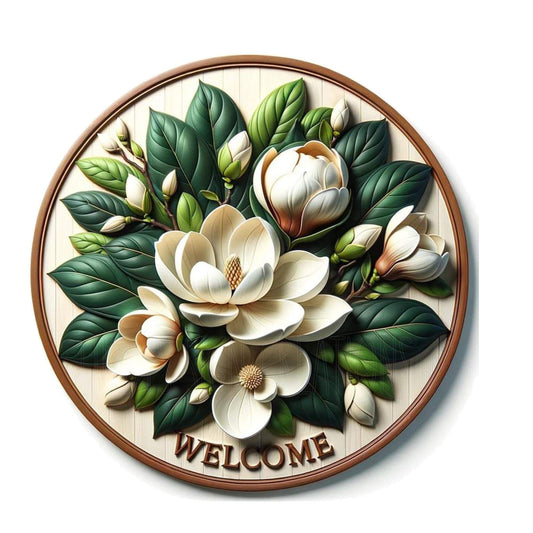 Magnolia welcome wreath sign, metal wreath sign, round wreath sign, door decor, Lindys sign creations