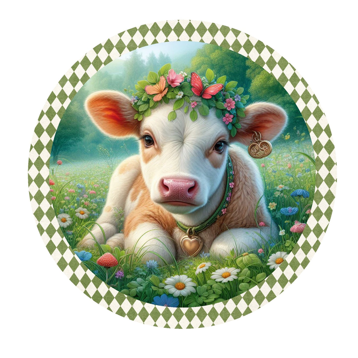 Cute cow with flowers wreath sign, metal wreath sign, round wreath sign, everyday sign, Lindys sign creations