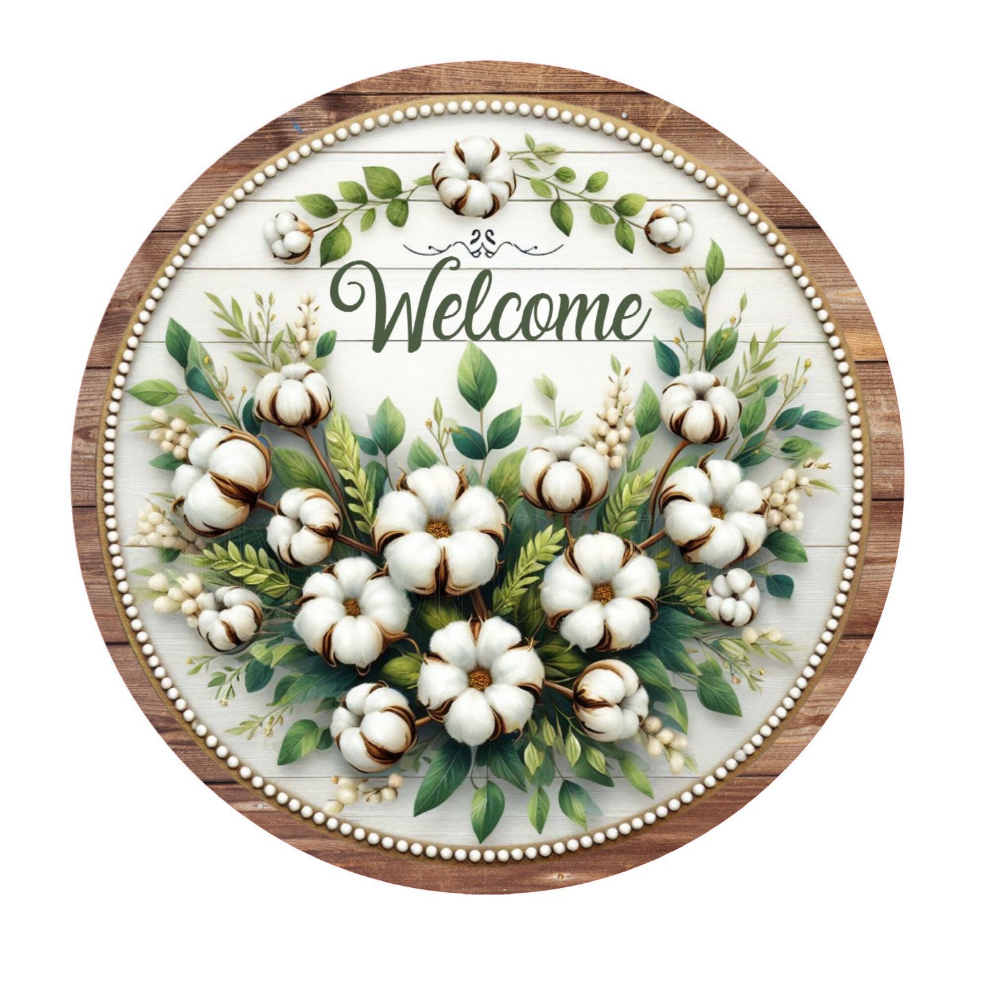 Cotton blossom welcome wreath sign, metal wreath sign, round wreath sign, door decor, Lindys sign creations