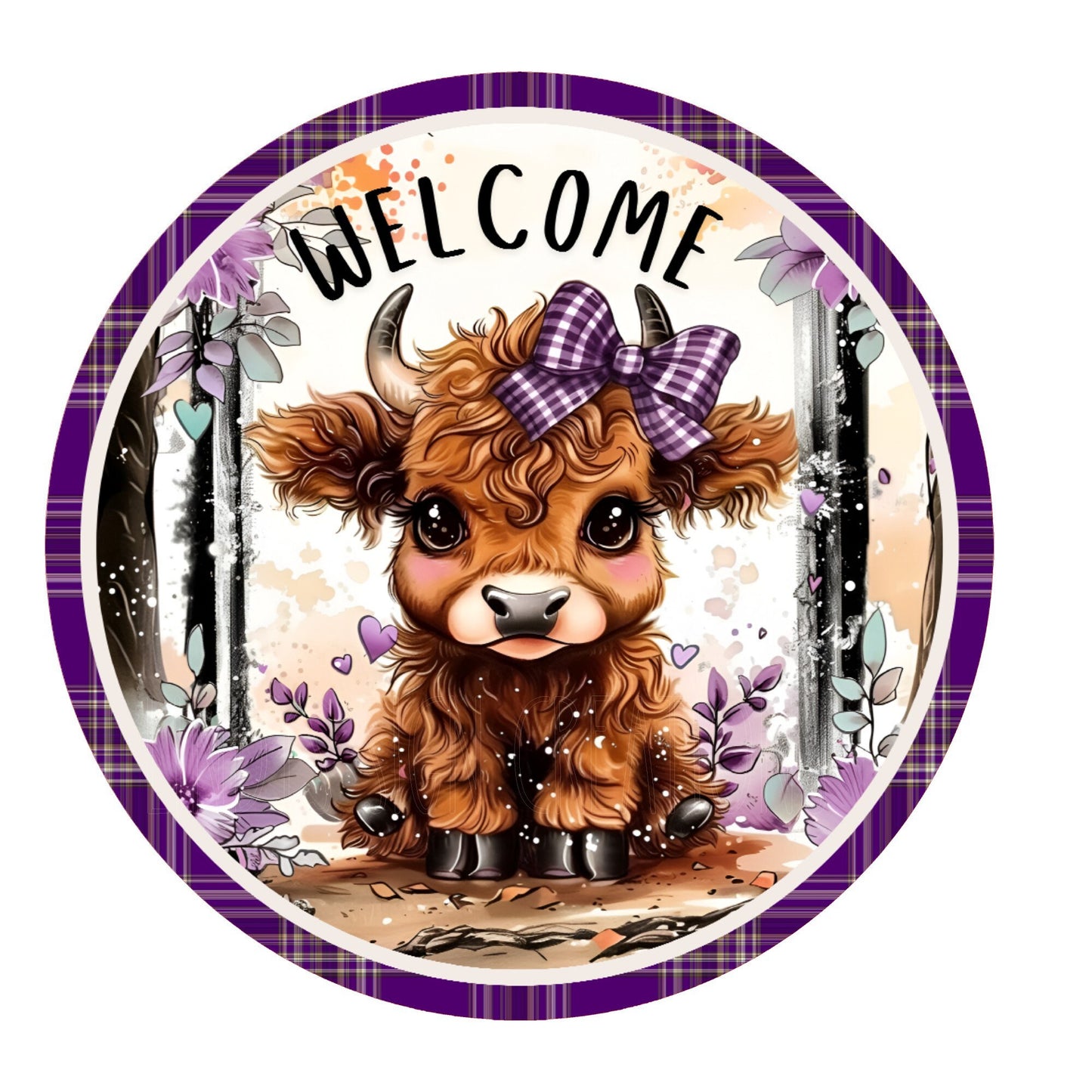 Cute baby highland cow welcome wreath sign, metal signs, door decor, round wreath sign, Lindys sign creations