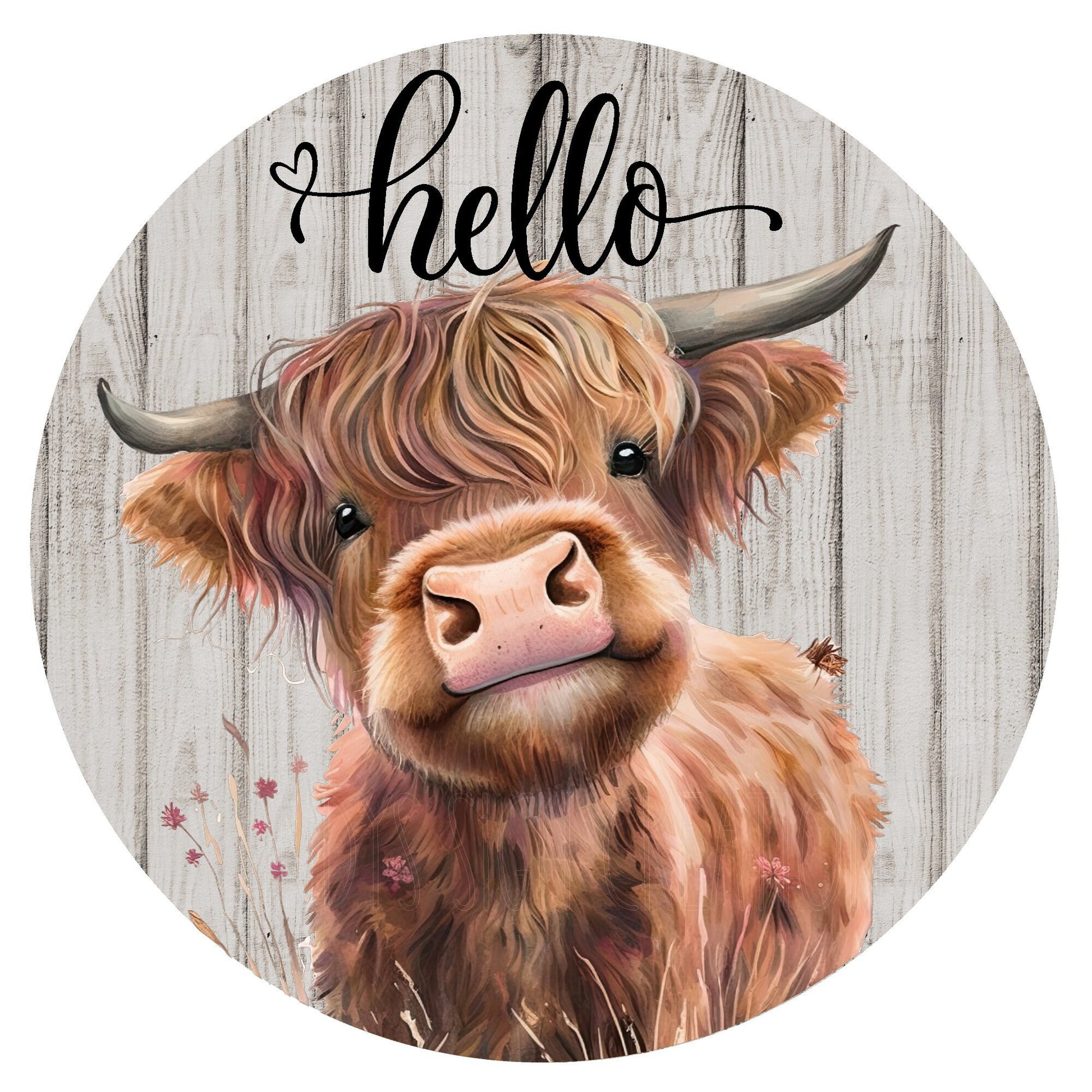 Highland cow hello wreath sign, metal wreath sign, round wreath sign, door decor, baby cow, hello sign, Lindys sign creations