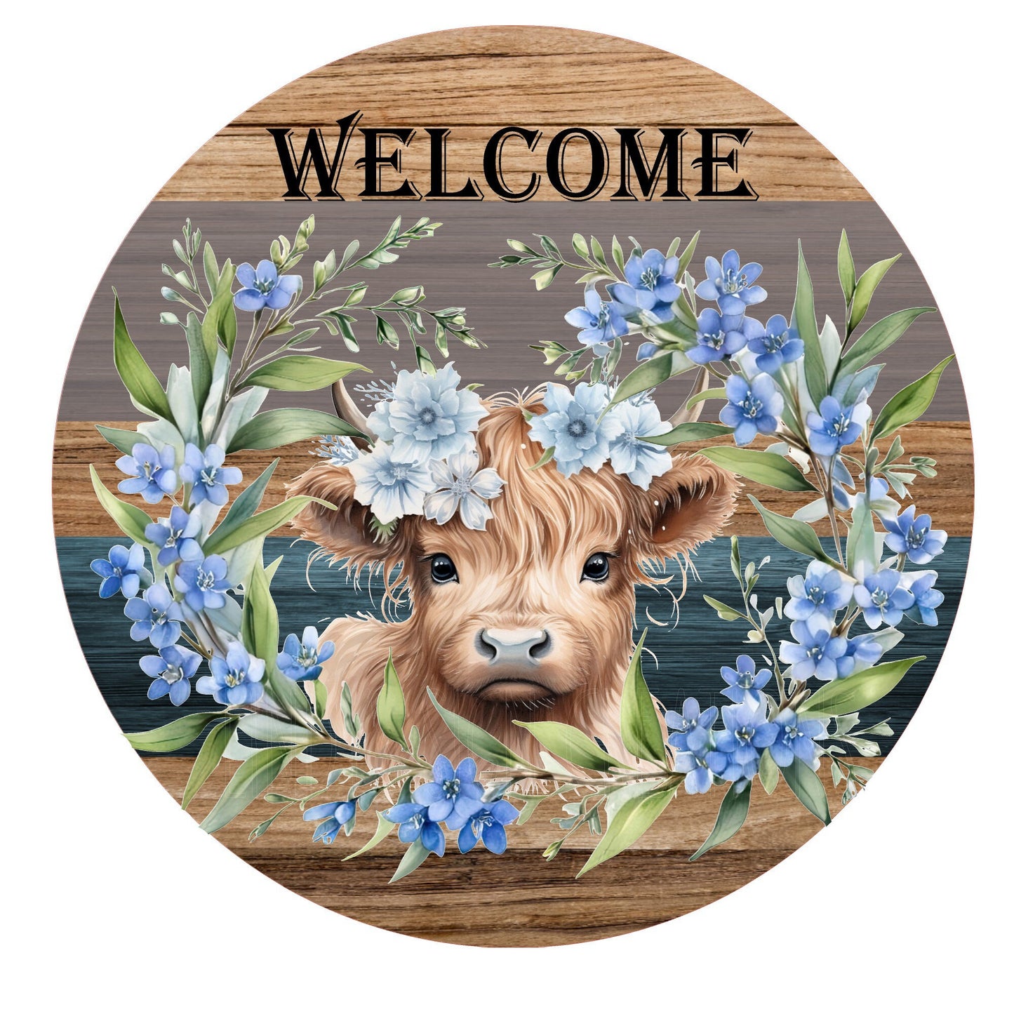 Highland cow with blue flowers welcome wreath sign, metal wreath sign, round signs, door decor, Lindys sign creations