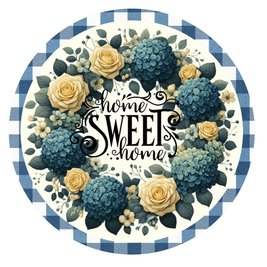 Blue hydrangea and yellow roses home sweet home wreath sign, metal wreath sign, door decor, round signs, Lindys sign creations