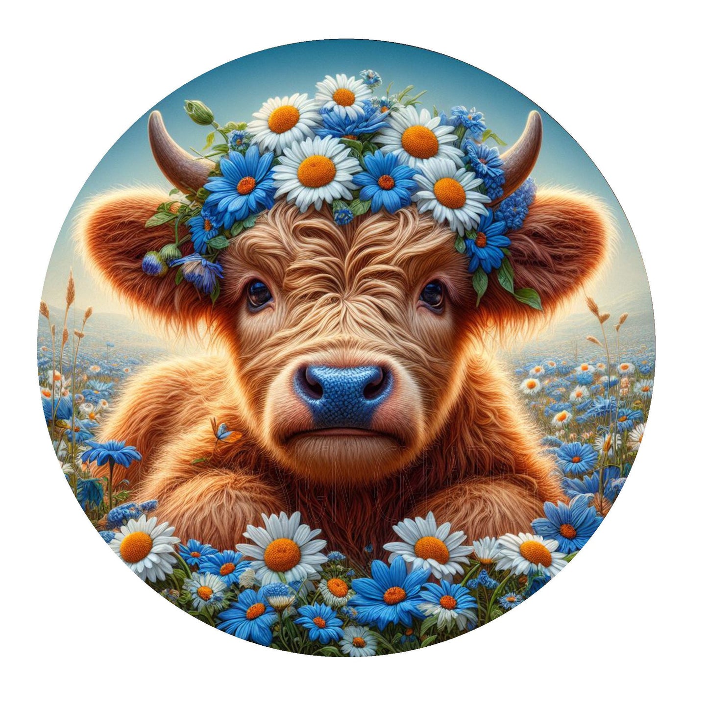 Highland cow with blue and white daisies wreath sign, metal wreath sign, round signs, door decor, Lindys sign creations