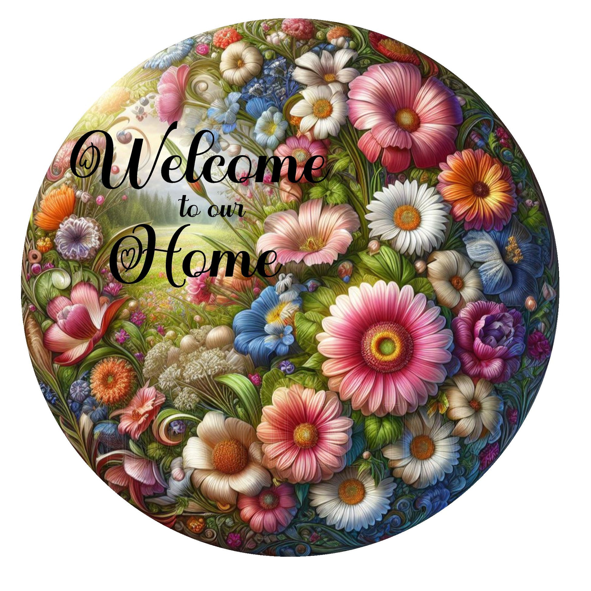 Bright floral welcome to our home wreath sign, metal wreath sign, round wreath sign, door decor, Lindys sign creations