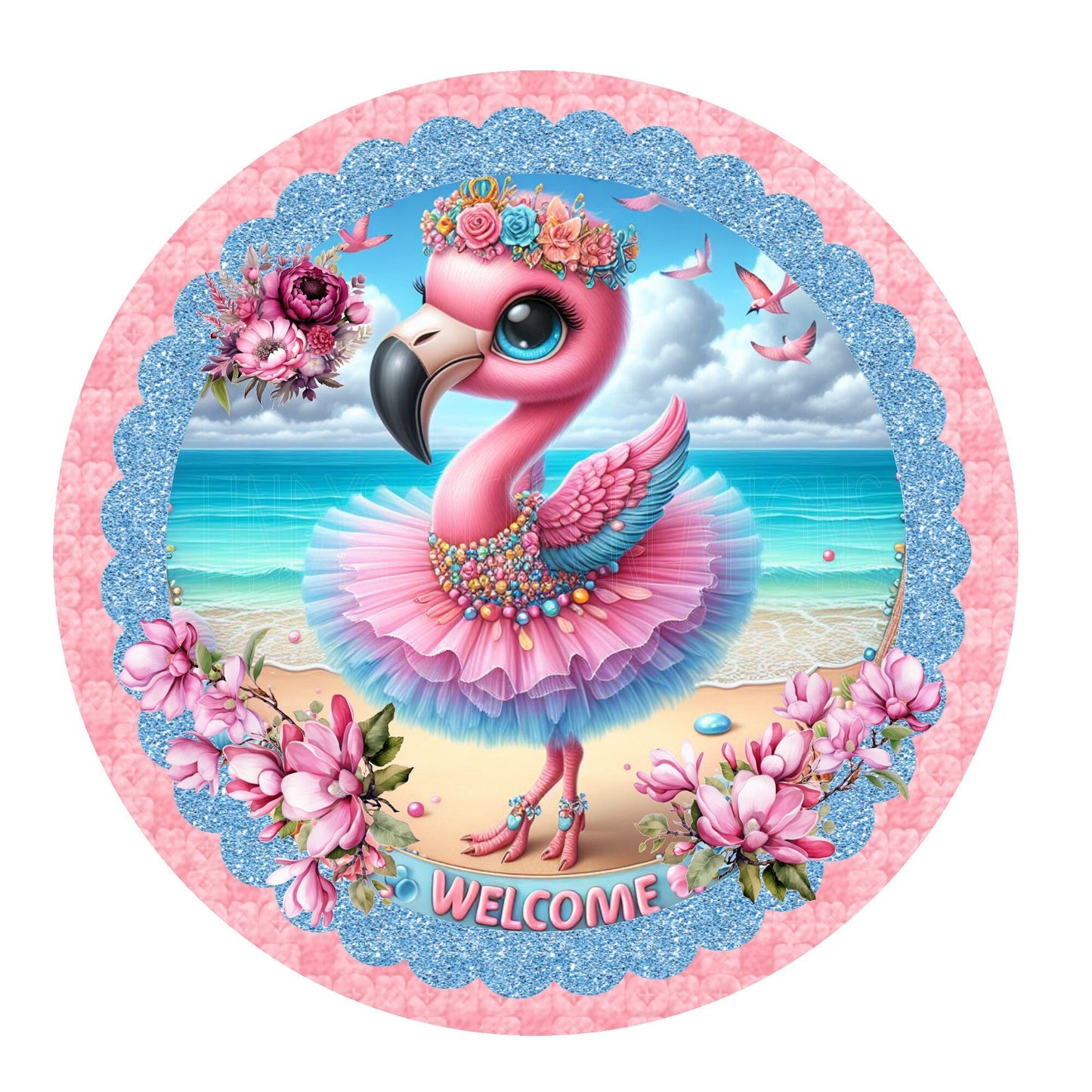 Pink flamingo welcome wreath sign, summer sign, door decor, round wreath sign, metal wreath sign, Lindys sign creations