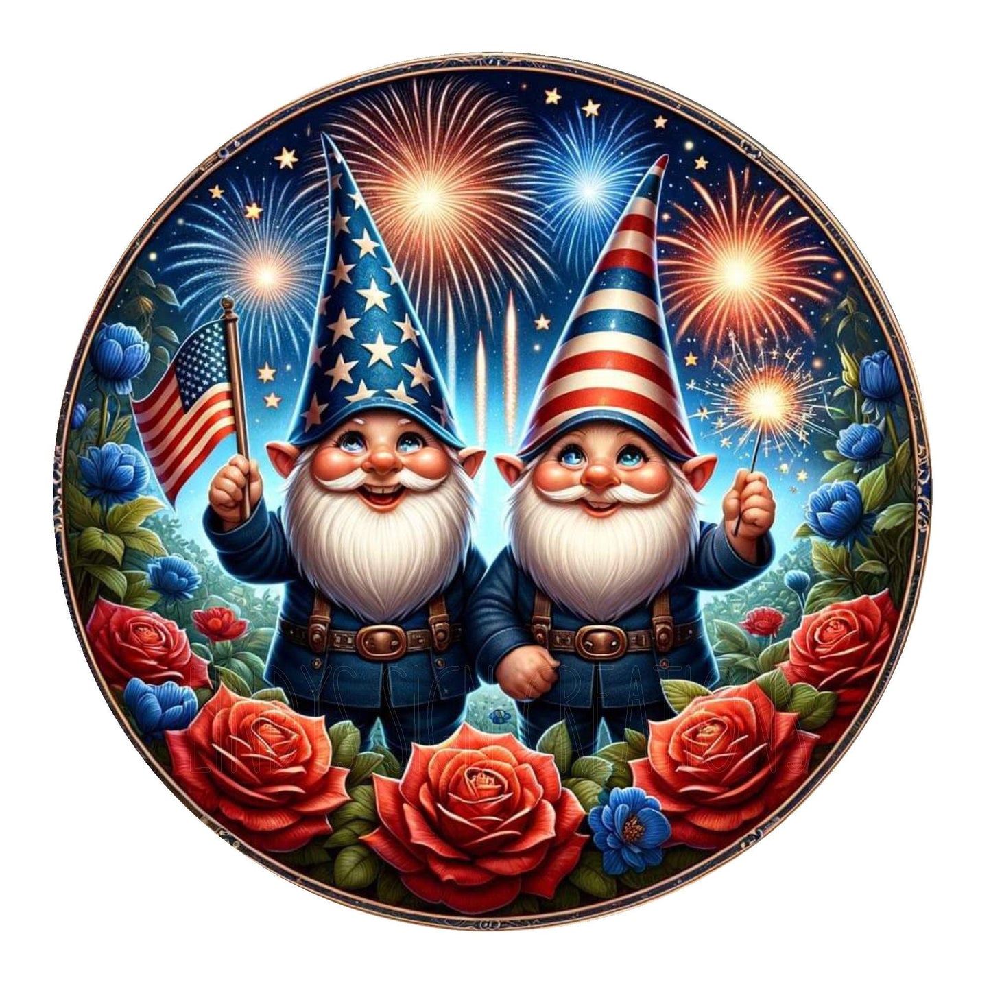 Patriotic gnomes with fireworks, July 4, metal wreath sign, round wreath sign, door decor, Lindys sign creations