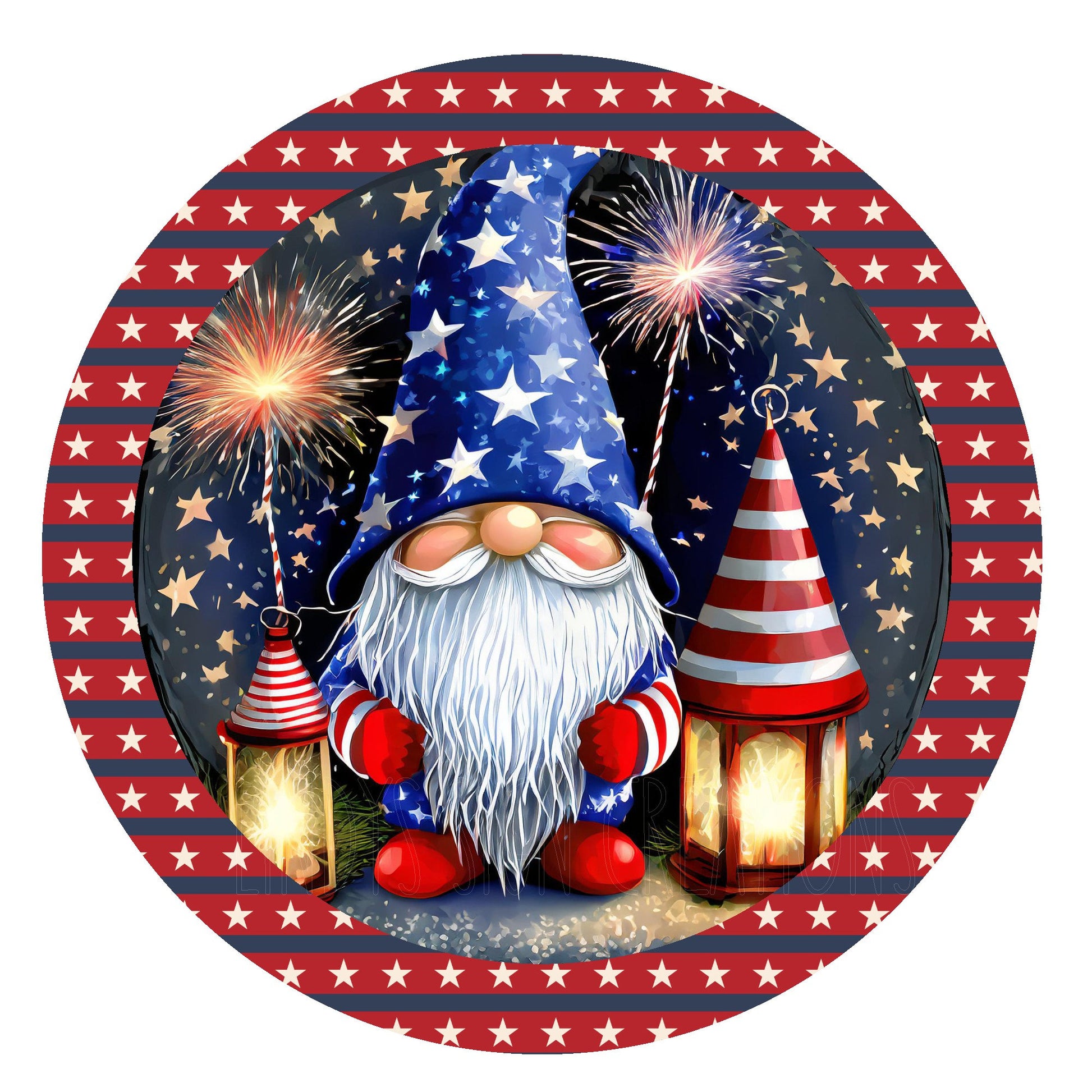 Patriotic gnome with lanterns and fireworks, July 4, door decor, metal wreath sign, round wreath sign, Lindys sign creations