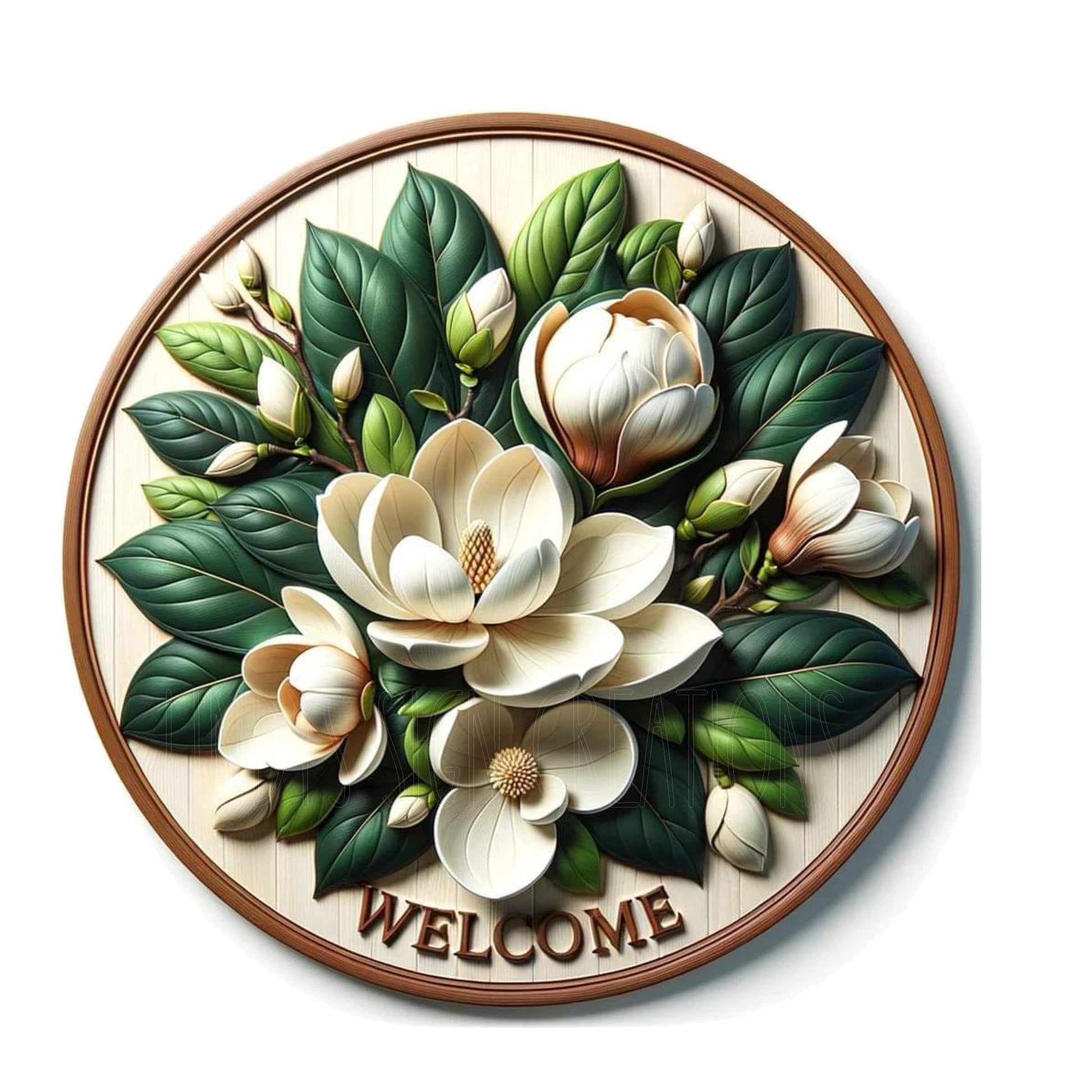 Magnolia welcome wreath sign, metal wreath sign, round wreath sign, door decor, Lindys sign creations