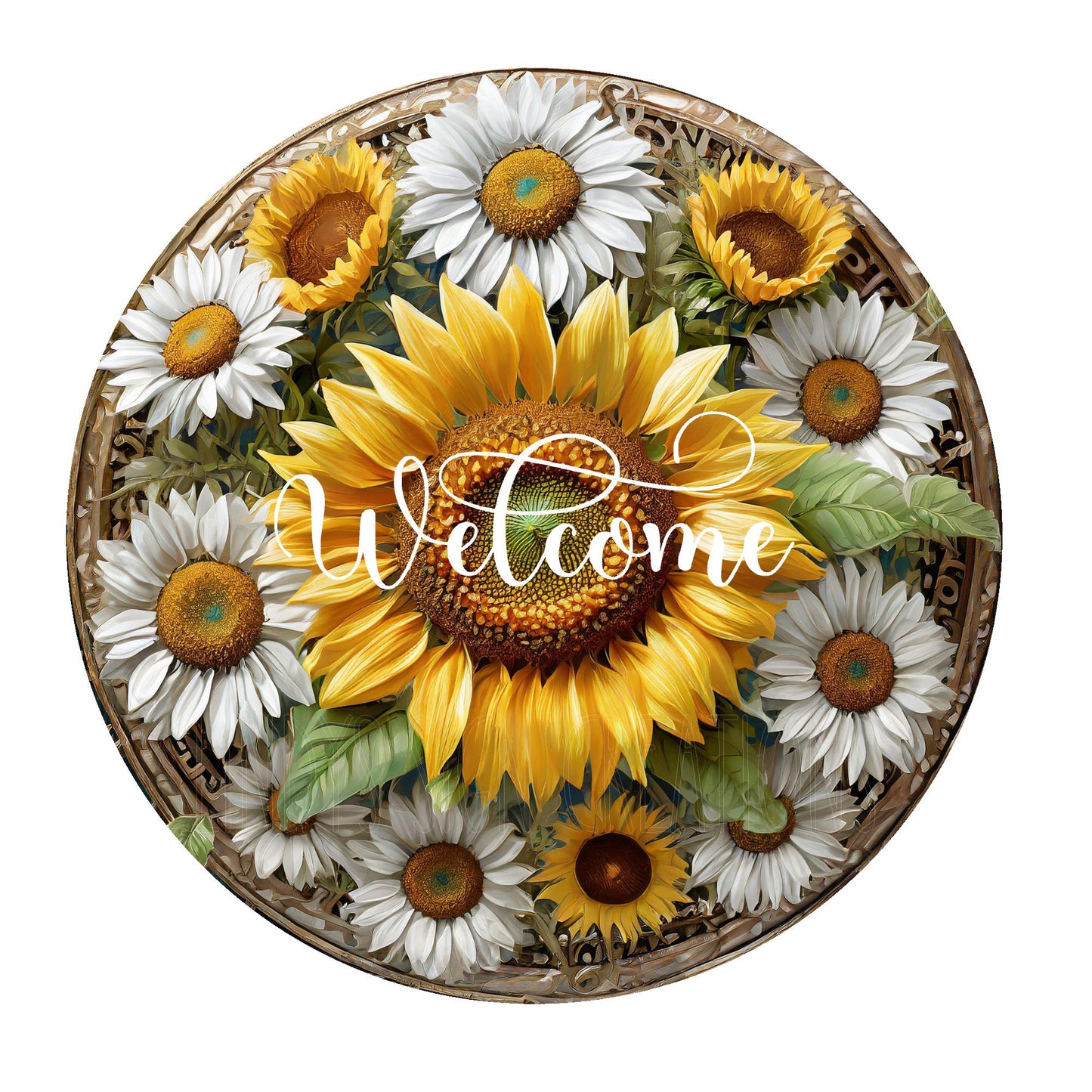 Yellow sunflowers and white daisy's welcome wreath sign, door decor, round wreath sign, metal wreath sign, Lindys sign creations