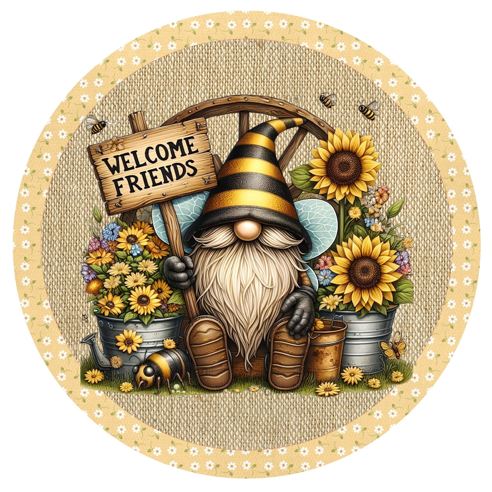 Gnome with bees, sunflowers and daisies welcome friends wreath sign, metal wreath sign, door decor, Lindys sign creations, farmhouse sign