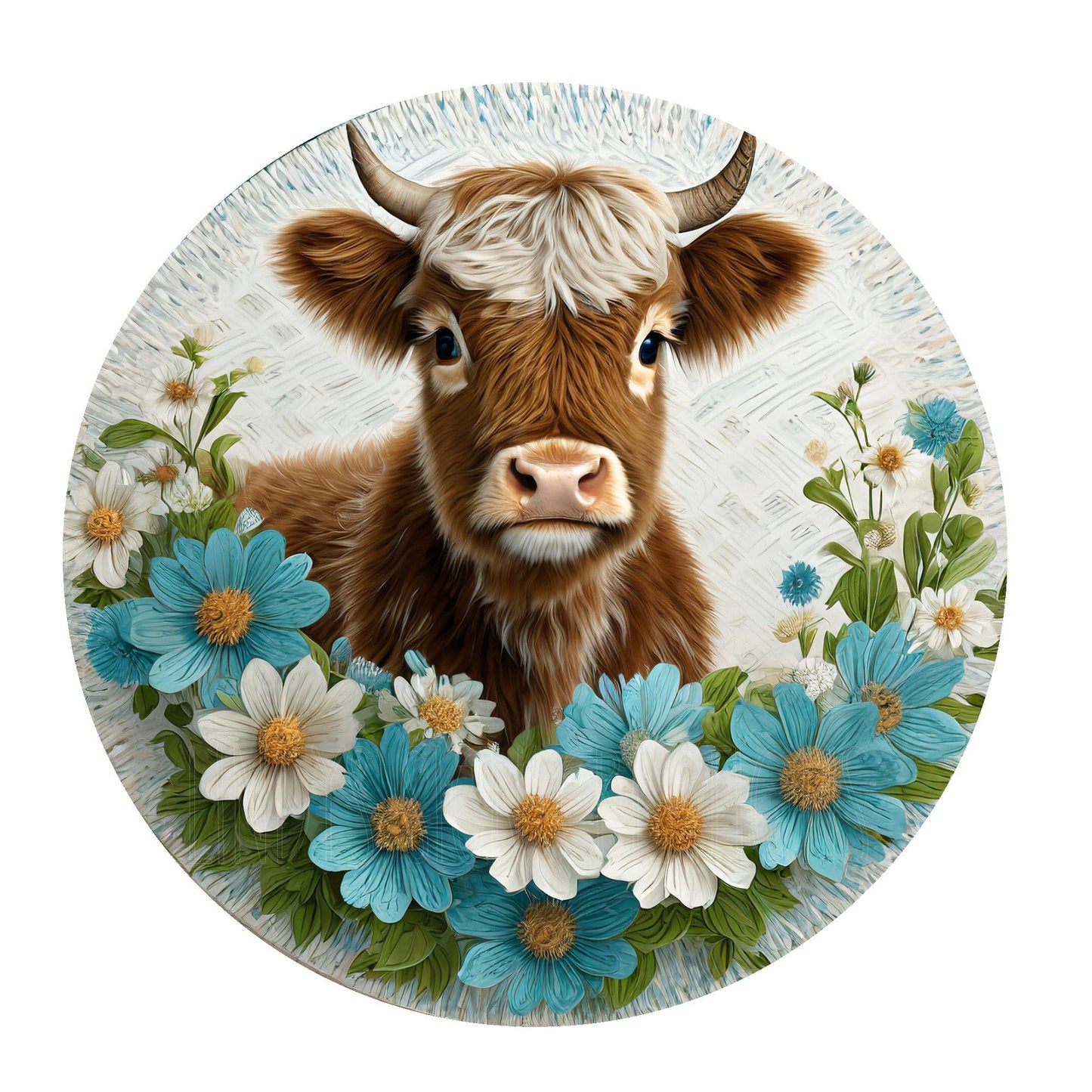 Highland cow with white & blue daisies wreath sign, metal wreath sign, round wreath sign, farmhouse sign, door decor, Lindys sign creations