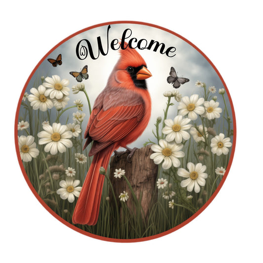 Cardinal welcome surrounded by white daisies wreath sign, metal wreath sign, door decor, farmhouse, Lindys sign creations