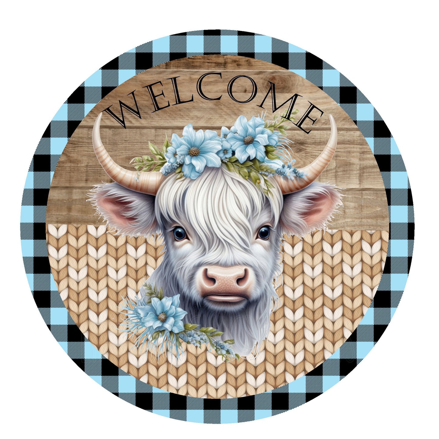 Highland cow with blue flowers wreath sign, metal wreath sign, signs for wreaths, door decor, Lindys sign creations