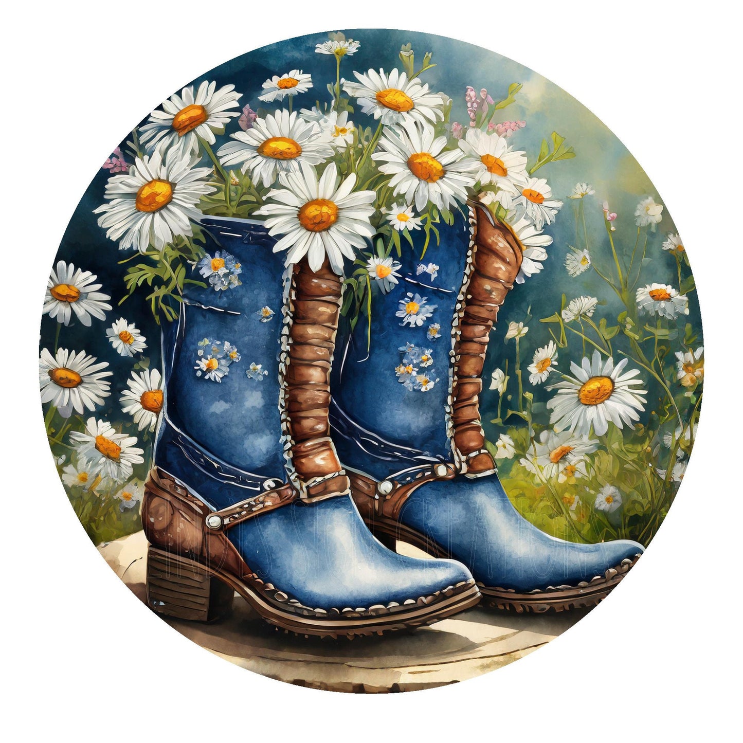 Denim cowgirl boots with white daisy's wreath sign, metal wreath sign, farmhouse sign, southwestern sign, round sign, Lindys sign creations