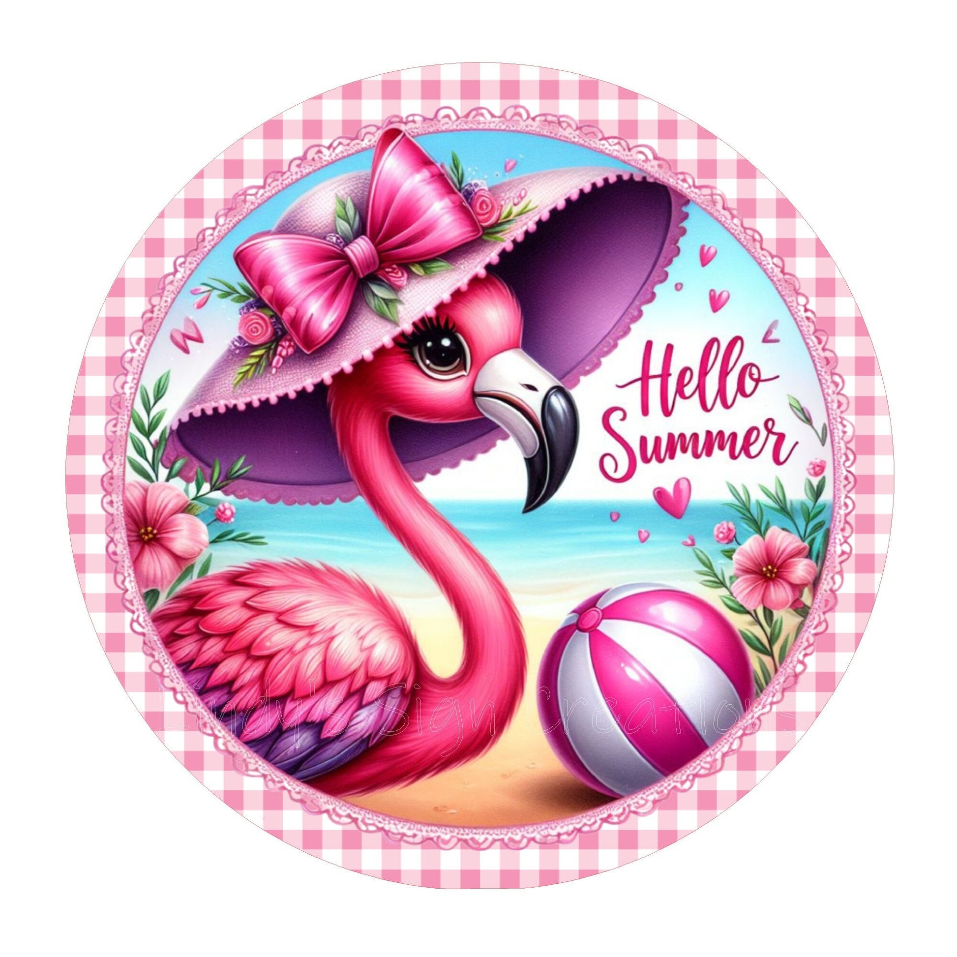 Pink flamingo hello summer wreath sign, metal wreath sign, round wreath sign, beach sign, door decor, Lindys sign creations