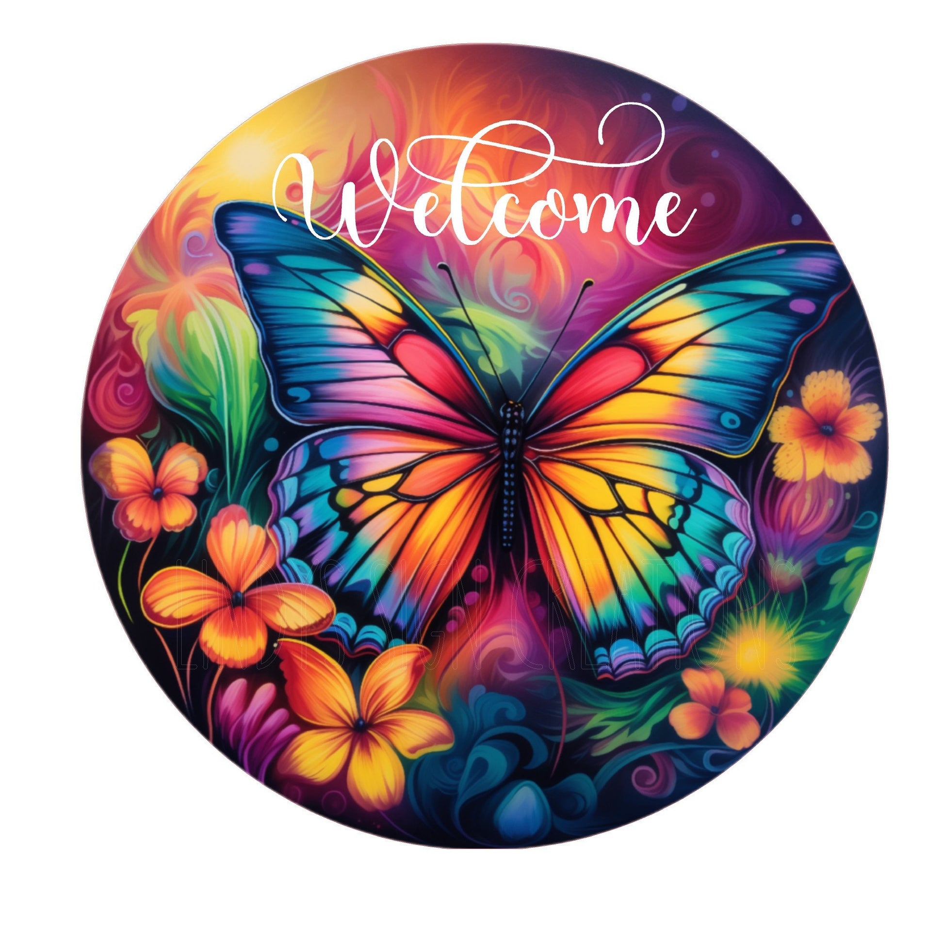 Welcome colorful butterfly wreath sign, metal wreath sign, round wreath sign, door decor, Lindys sign creations